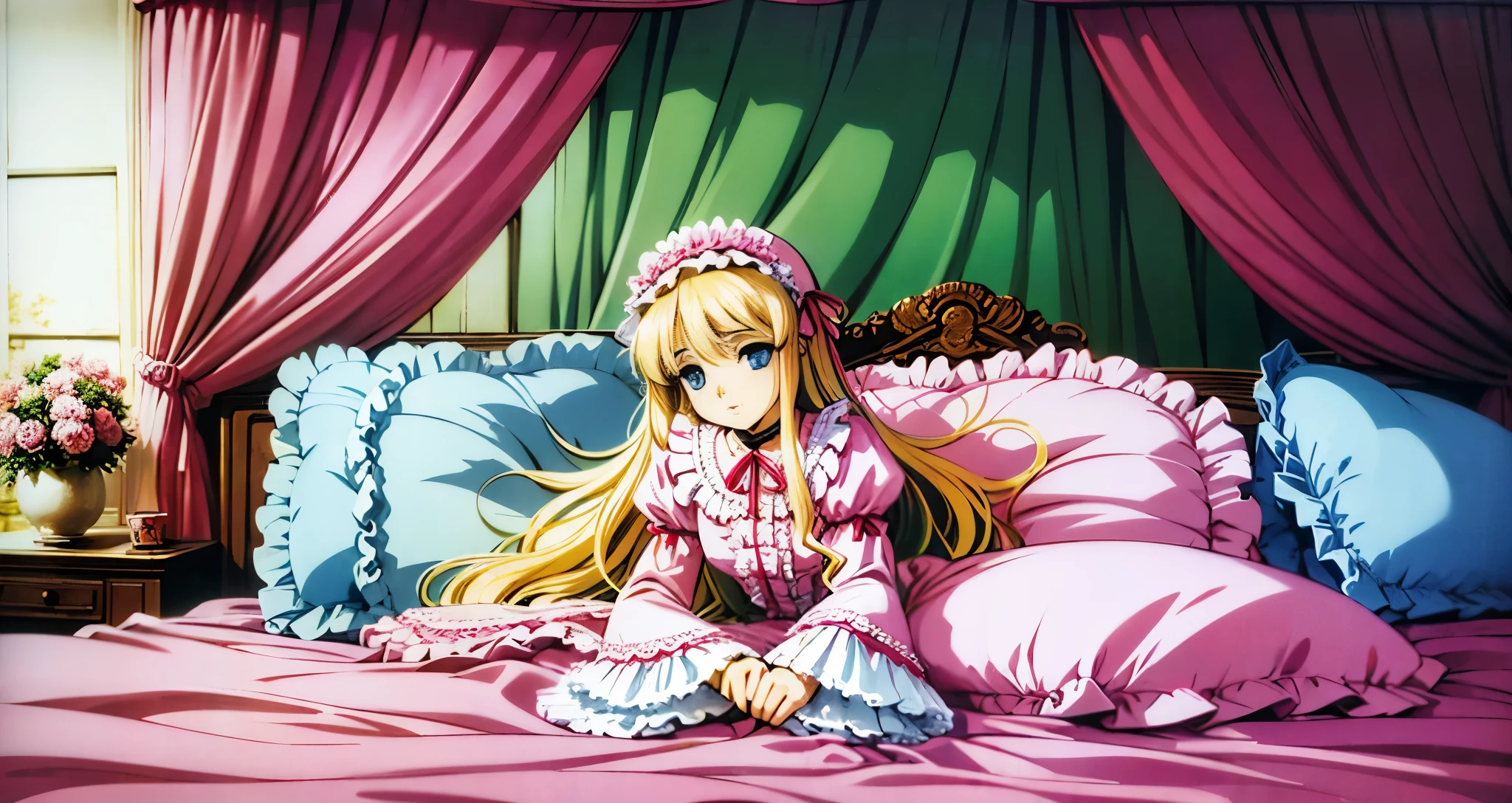 ,highest quality, masterpiece, highest resolution, artwork, super それにget used to it, many get used to it, get used to it, それにget used to it, 3K anime illustration,(( 10 year old girl)),Super detailed baby face,high quality small face,long blonde hair that grows to the waist,blue eyes,白い肌のeuropean,pajamas, european,(((super long blonde hair))),curly hair,blue eyes,((((ピンクのロリータファッションのlong skirtのワンピースドレス)))),((Pink dress with plenty of frills and ribbons)),((Luxurious headdress with frills and ribbons)),Detailed headdress,,(((big yoke collar))),Yoke collar with ruffles and ribbons,((((long sleeve)))),ruffle sleeves,((((long skirt)))),white ruffle and lace socks,large frill and ribbon pillow,(((fine pink costume))),豪華なcanopy bedの上,canopy bed,The bed is surrounded by luxurious curtains,many frilly pillows on the bed,A lot of frilly pillows behind the girl,super detailed background,detailed bed,soft pink comforter,Super detailed soft ruffle pillow,Beautiful girl illustration,super detailed beautiful face,detailed hair,detailed eye ,super detailed eyes,Super detailed eye highlights,super detailed mouth, arm details,fine hands,Detailed pillow,wide bed,Illustration on the bed, ,((((round futon)))),((((A large ruffled futon that covers the entire bed)))),detailed comforter,detailed bedシーツ,Before bedtime,romantic atmosphere,palace bedroom,((((The lower half of the body is hidden under the futon and the puffy skirt...)))) The girl is leaning on a pile of pillows, ,((((round futon)))),((((A large futon with frills that covers the entire bed)))),
