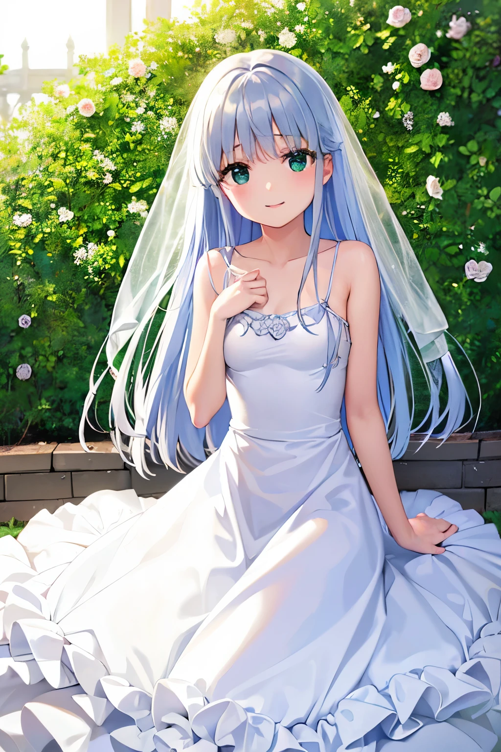 Cabello largo plateado, ojos verdes, wedding dress, white clothes, flat breast, sonrisa, happy, muslos hermosos, garden, deshabitado