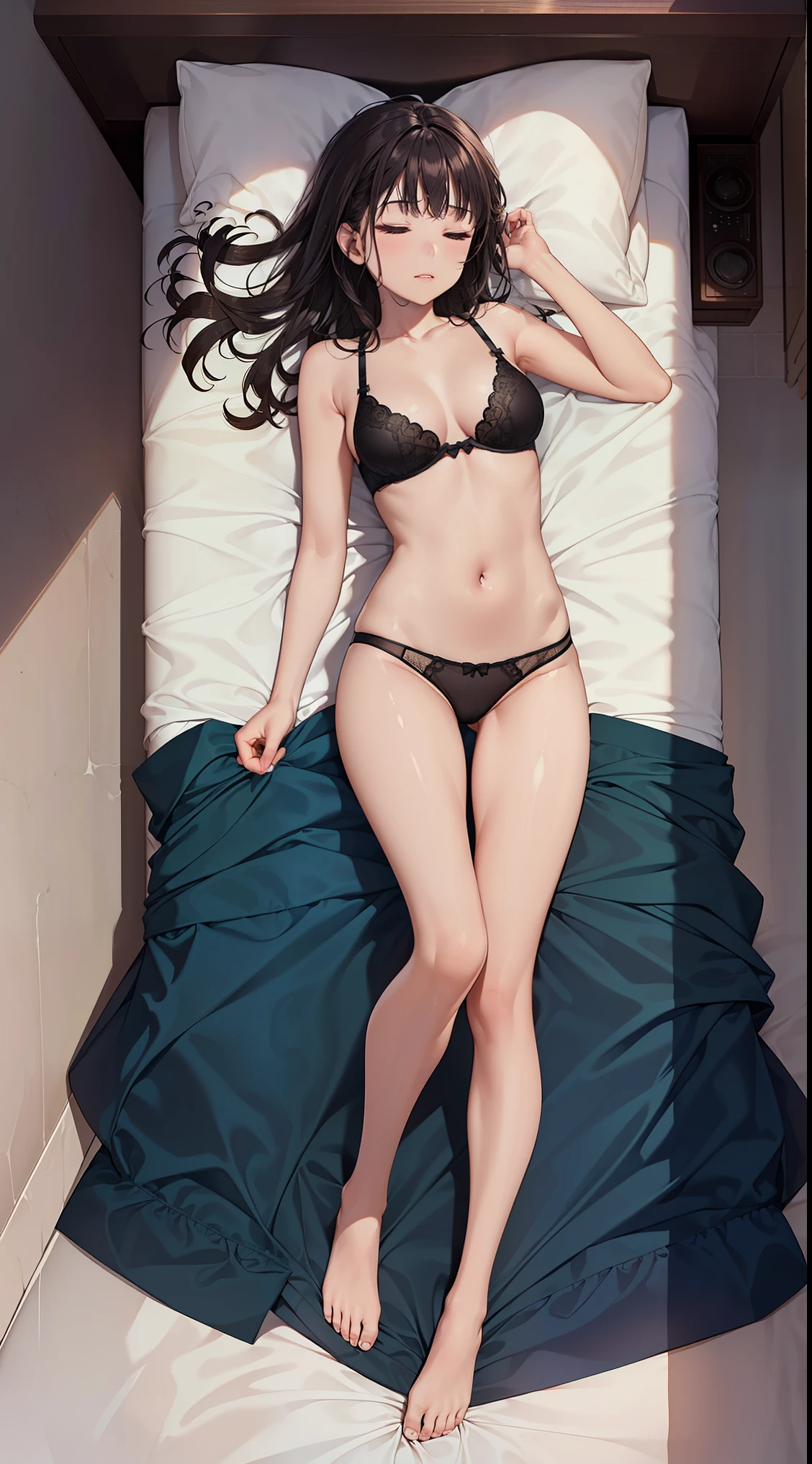 (8K, original photography, best quality,)a girl,,slim body,underwear,in the bedroom,Sleep soundly in bed,(full-body shot)
