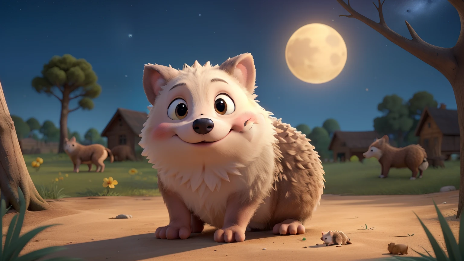 In a peaceful summer forest, a sleepy little hedgehog rest under the stars, ???'s illustration style