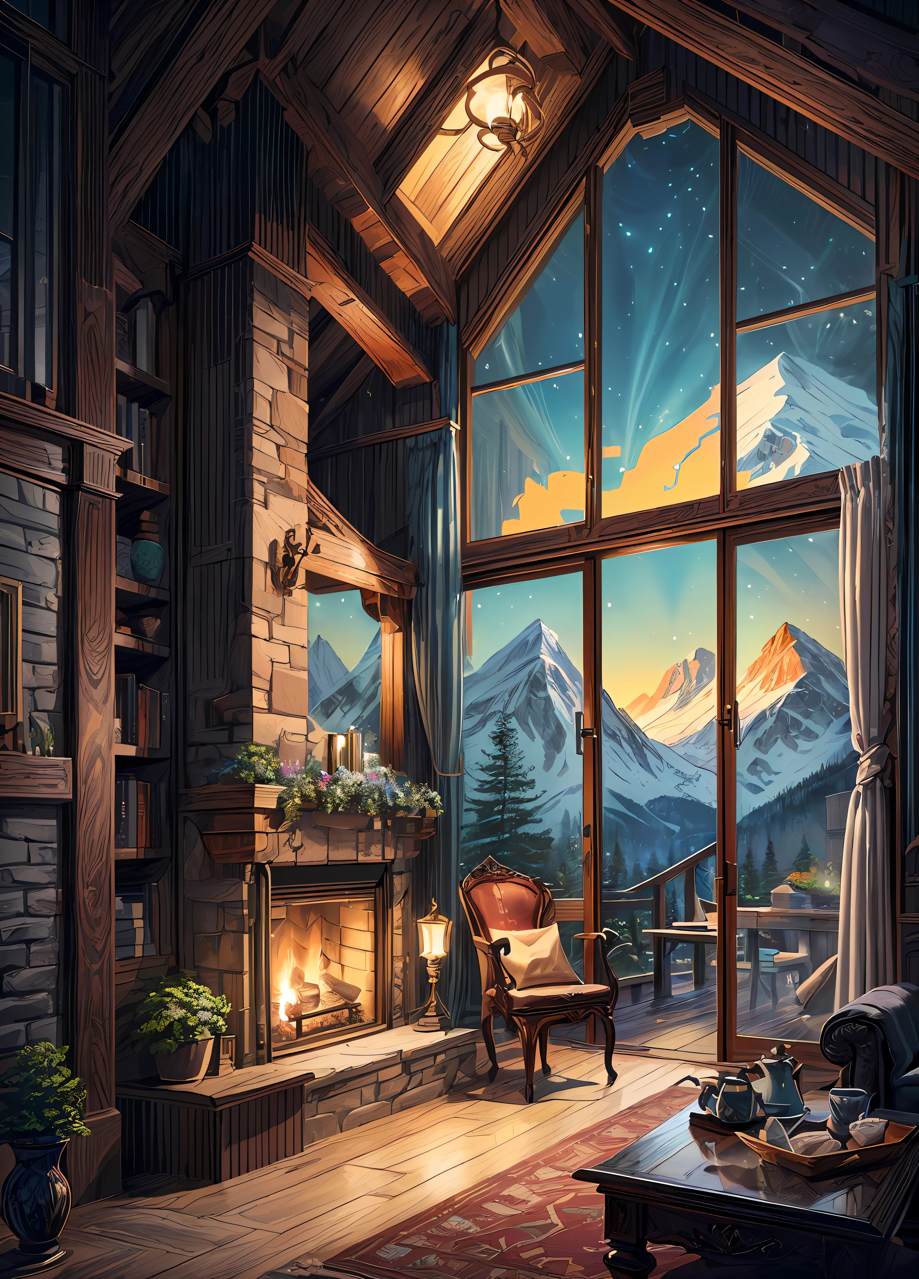 a picture illustration of a living room with a fireplace and a mountain view, cozy wallpaper, cozy place, detailed 2d illustration, cozy home background, cozy environment, stunning art style, illustration style, scenery artwork, detailed digital illustration, relaxing concept art, 8k high quality detailed art, beautiful detailed scene, detailed digital painting, detailed digital artwork, jen bartel