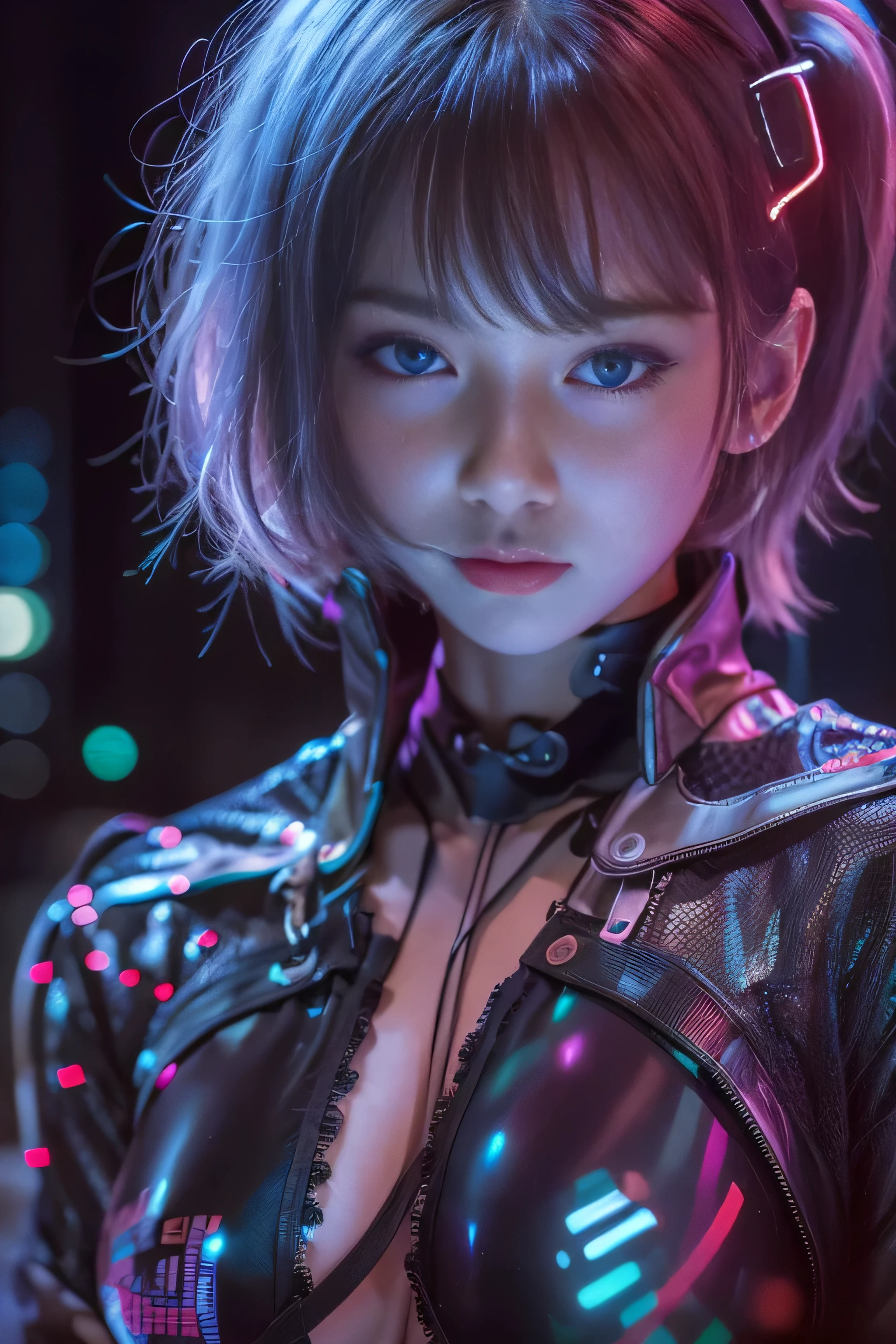 RAW image quality, 1 girl, Japanese, 17 years old, table top, Dystopian city with neon signs and holograms projected on buildings and sky, slim beautiful woman, Surrounded by neon-lit reflections of the cityscape, written boundary depth, Beautiful woman with slim figure, perfect style, (poke the nipple:1.4), (Super detailed nipple detail:1.4), hologram tight sheer clothes, fit girl, Strong lighting hits the bodysuit, hourglass figures, high contrast clothing, hologram clothes, (walk towards the camera), (Look into the viewer&#39;s eyes), lipstick, yellow virtual reality glasses, Red and straight berry short hair, night, cyberpunk aesthetics, highly detailed lighting, dramatic, In 8K, high detail, skin texture, リアルなskin texture, armor, highest quality, High resolution, Photoreal