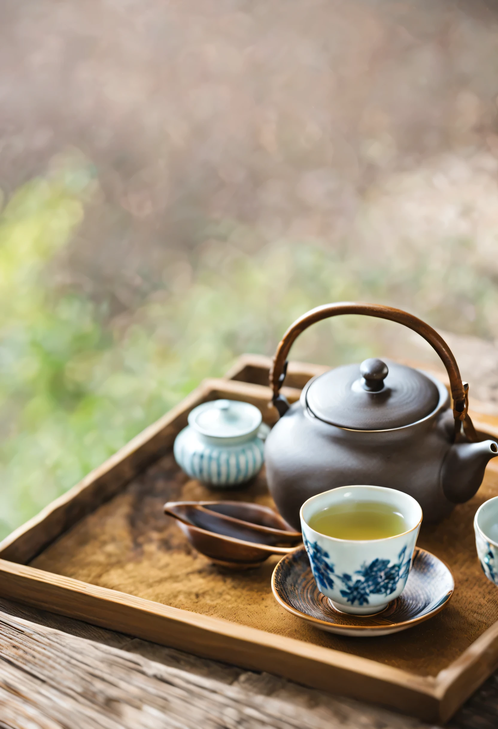 Japanese tea, brown teapot with old-fashioned handle,  Tea cup, wooden saucer,