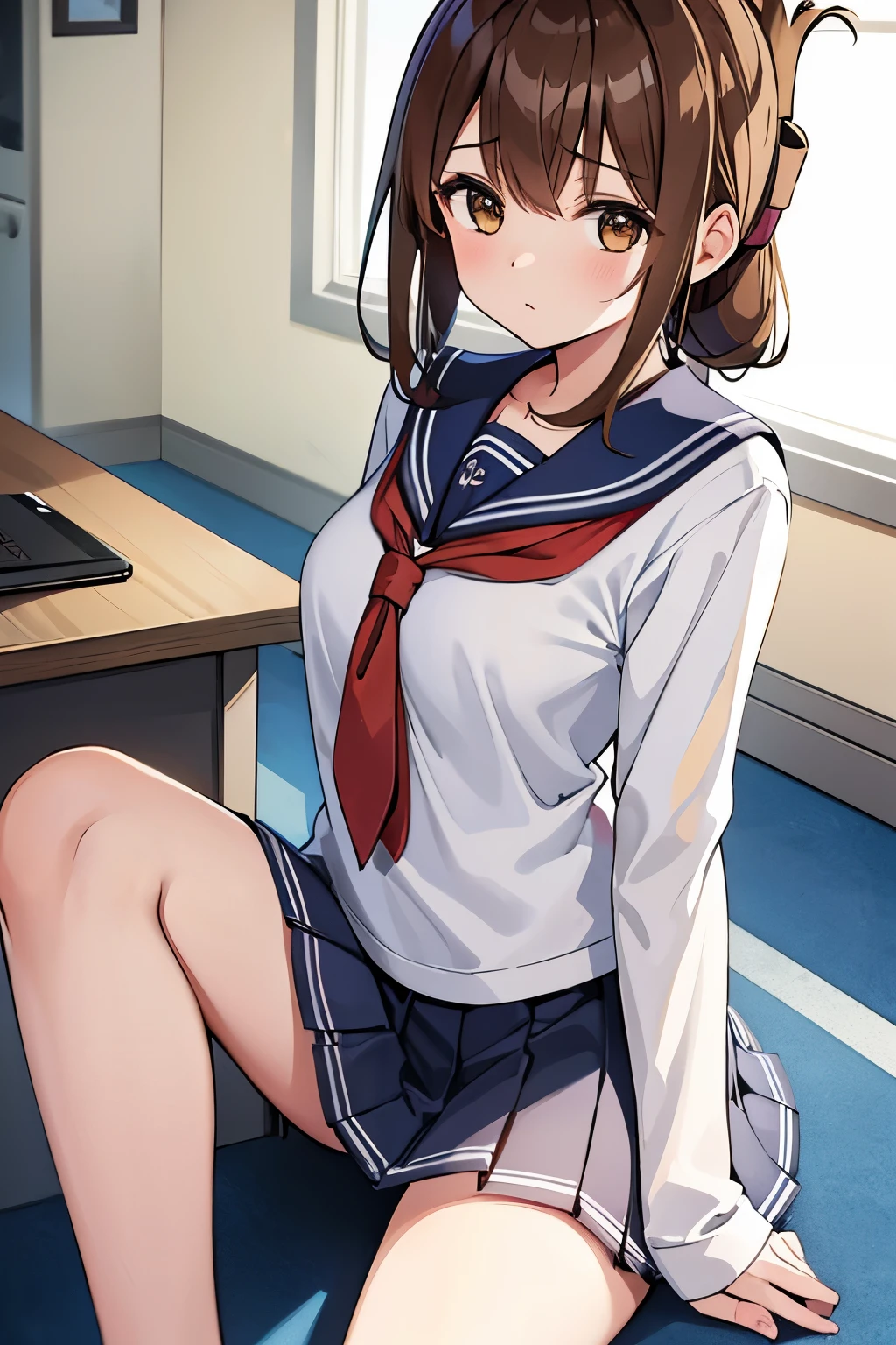 A girl in a sailor suit and a miniskirt who is not feeling well is sitting on the floor of the gymnasium and observing the class.、(masterpiece, best quality:1.2),illustration,8k,hd,1girl,solo,upper body,(portrait:1.2),brown_hair,folded_ponytail,brown_eyes,serafuku,long_hair,school_uniform,skirt,pleated_skirt,