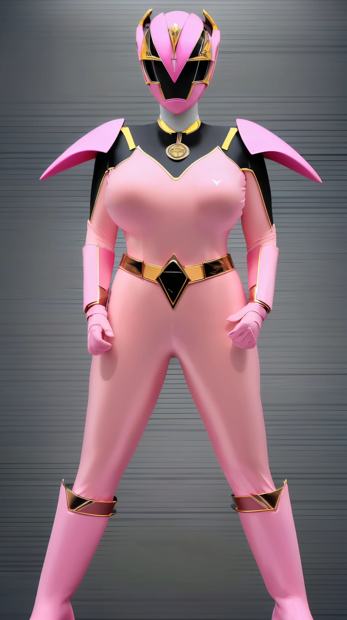 (8K、ultra high resolution、highest quality、masterpiece、realistic、ultra high resolution)、(((Must be female、Always shiny neon pink Power Rangers、Must have big breasts、Definitely quite big breasts、feminine body、tight buttocks)A full-face helmet that ensures that your face and hair are not exposed.、Definitely a shiny neon pink patent leather full body suit、big emblem on the chest:1.3))(very shiny helmet and suit)、(Must be a big site cosplay venue)