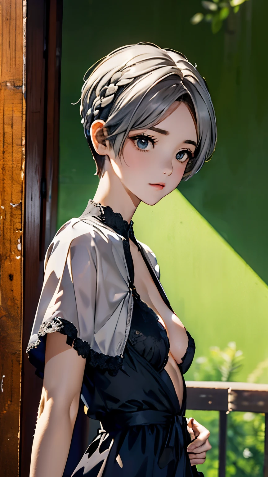 ((wallpaper 8k)), ((surreal)), ((Quality with attention to detail:1.2)), 1 girl, １４talent、kind eyes、plump lips、ash gray hair、french braid、natural look、(((small breasts、small breasts)))、black classy dress,black capelet, look up, widespread poverty, short cut hair、short hair twin tails、ash gray hair:1.5、white skin、