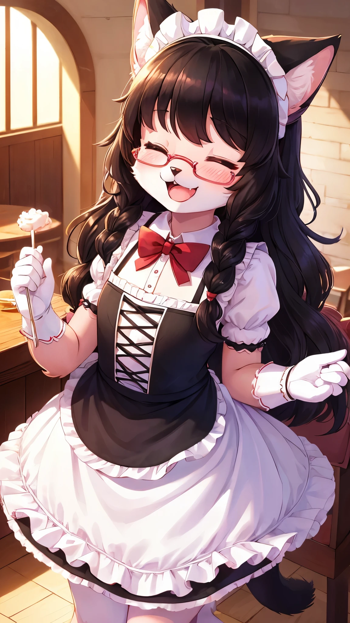 (fluffy anthro furry: 1.6),(young: 1.6),cat girl,mini girl,black long hair wavy hair,pink fur,beautiful cafe,maid headdress,maid outfit,white maid glove,maid stocking,glasses,red bowtie,smile,open mouth,two eye closed,blush,serving a lot of sundae