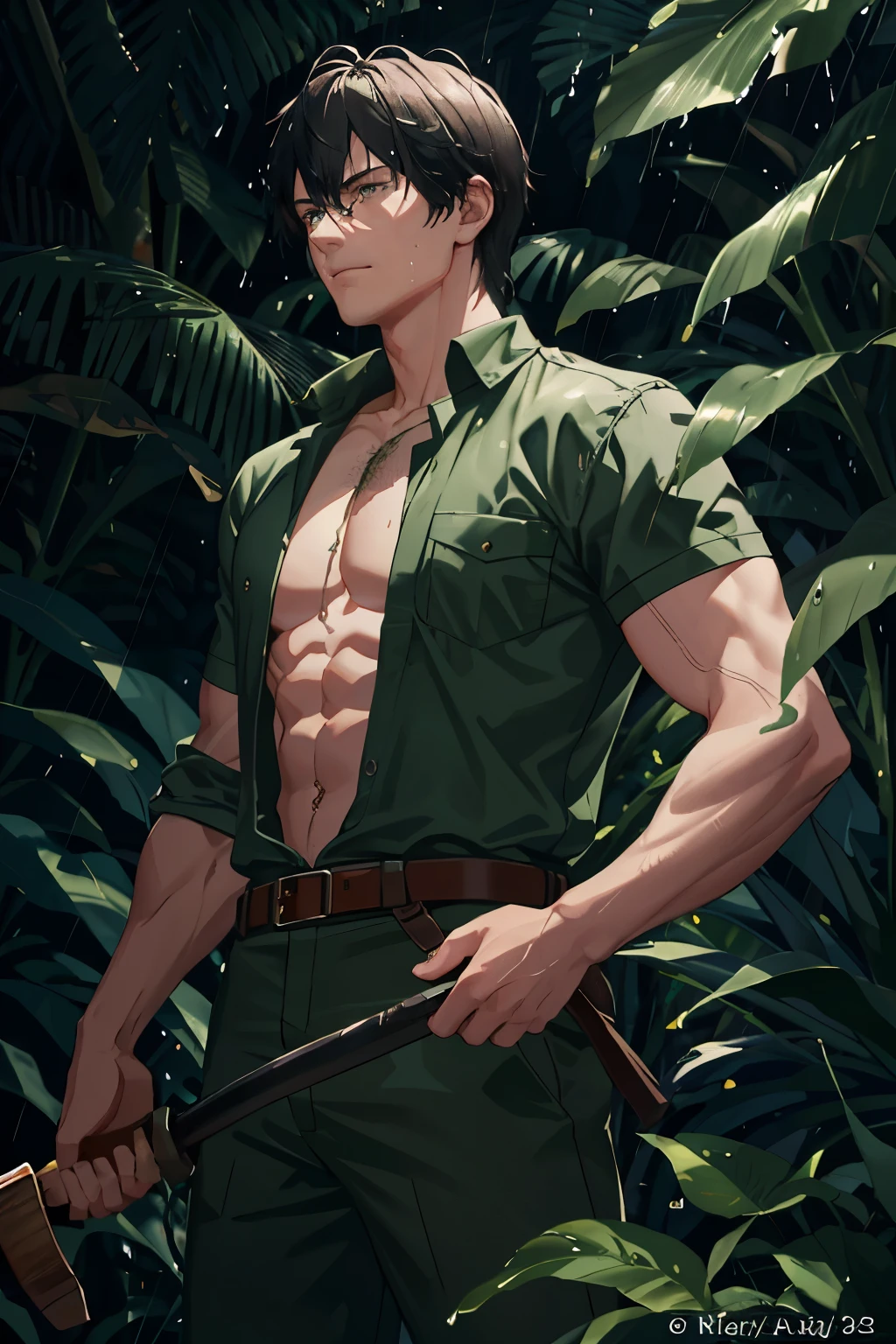 A topless man stands behind a crocodile. Make a face to the climax Atmosphere in the middle of the forest and stream
