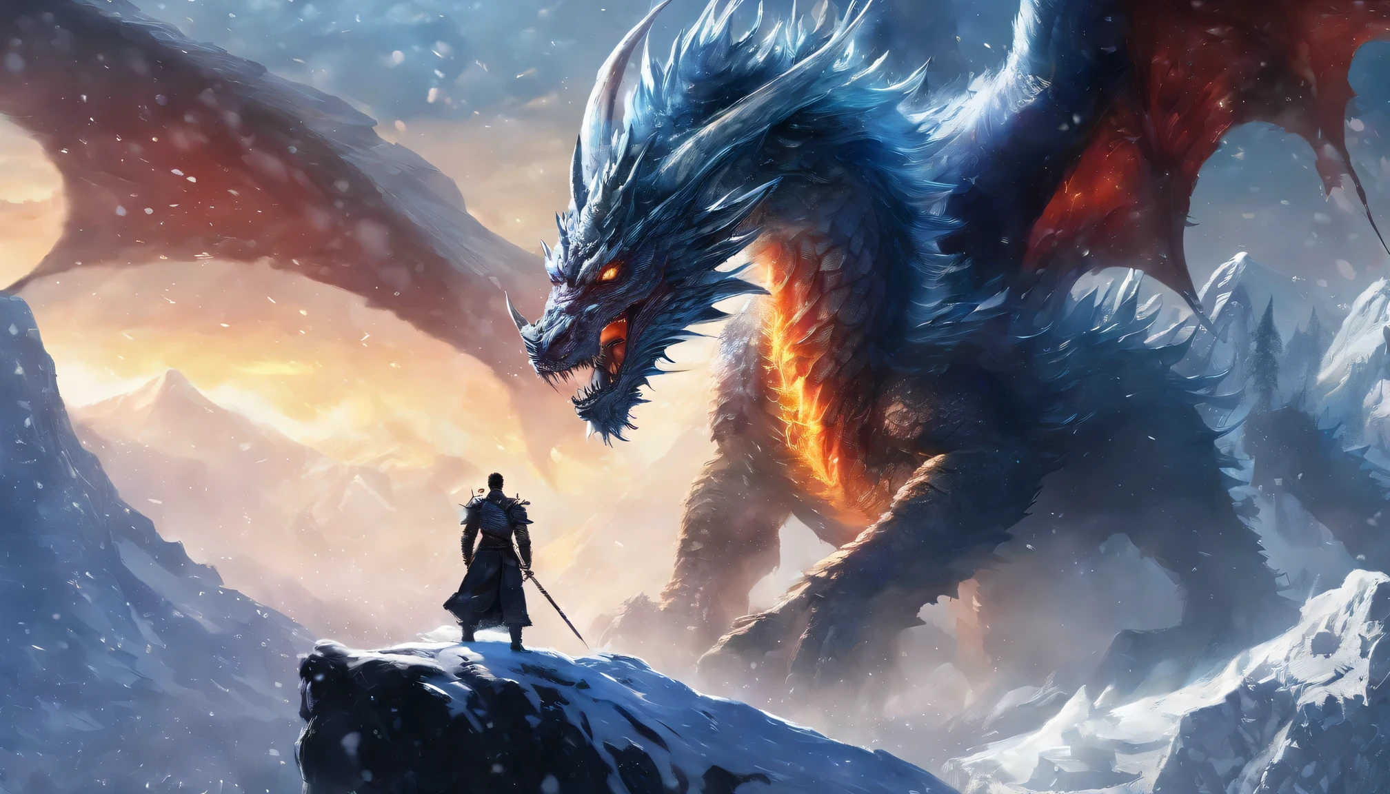 A snow-covered mountain, a dragon, a War
(best quality,4K,8 thousand,mackerel,masterpiece:1.2),very detailed,(realistic,photorealistic,photo-realistic:1.37),hdr,UHD,studio lighting,Ultra-fine painting,sharp focus,Physically Based Rendering,extreme detail description,professional,vivid colors,bokeh,Vision,horror tag:
snow-covered mountain, dragon, War, Fierce battles, flying dragon, 눈 덮인 Vision, soldiers fighting, fierce confrontation, risk, epic scene, Warriors, fear, powerful creature, Ice and snow, smoke and fire, fighting for survival, cold, majestic dragon, epic War scene, adrenaline rush, mystical dragon, ice breath, determined Warriors, heroic battle, magical atmosphere, dramatic lighting, frozen battlefield, a confusing fight, Sword Fighting, dragon감한 영웅, Conquer and Protect, breathtaking video, dark and intense, tremendous power, The Cry of Battle, world of myth