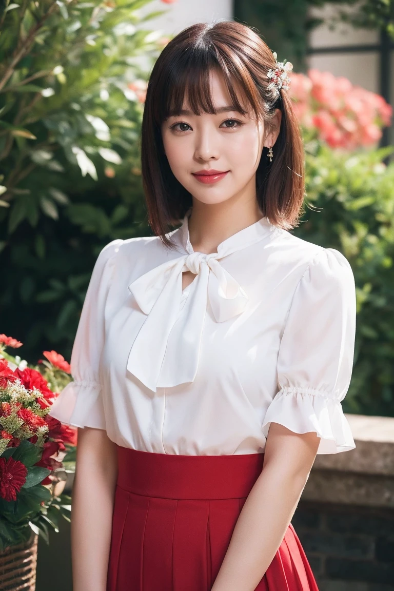 medium view, medium shot, written boundary depth, bust, Upper body, cinematic angle, masterpiece, highest quality, Super detailed, CG, 8k wallpaper, beautiful face, delicate eyes, maiden, alone, smile, bangs, skirt, shirt, have, deep red dress, bow, petal, bouquet