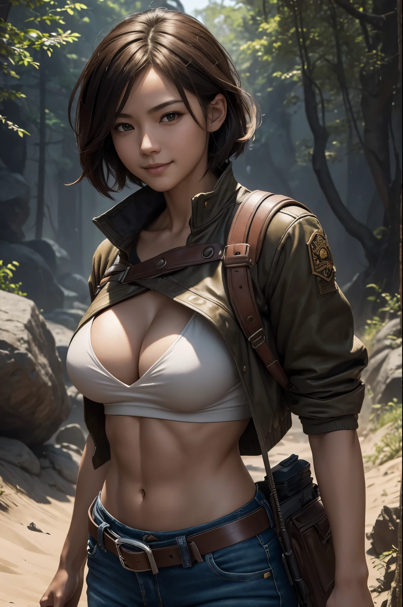 8k,adventure者の衣装,Travel through the dusty wilderness,light brown short cut hair,super beautifulな日本の女性, big and full breasts,big smile,super beautiful(like the real thing),black jeans,sexy,deviantart artstation cgscosiety, 3Dレンダリングcharacter art8 K, Alena Aenami and Artgerm, Wojtek Fuss, Trending in Artstation 8k, Trending with Art Station HD, Adventure ultra-realistic rendering, Perfect body with realistic shading, photorealistic perfect body, ultra high resolution,high quality,sexy,brown short hair,strongly cracked abdominal muscles,muscular slim body,muscular slender lower body,Close-up,masterpiece,最high qualityのフォトリアリスティックなRAW写真。bright colors,rich colors, Backlight, cinematic lighting, film grain, to be born, 50mm lens, Nikon D850,realistic skin,fantasy art,character art,sharp gaze,adventure,Equipped with a long and large Japanese sword on the waist(carry a sword),brown combat jacket,