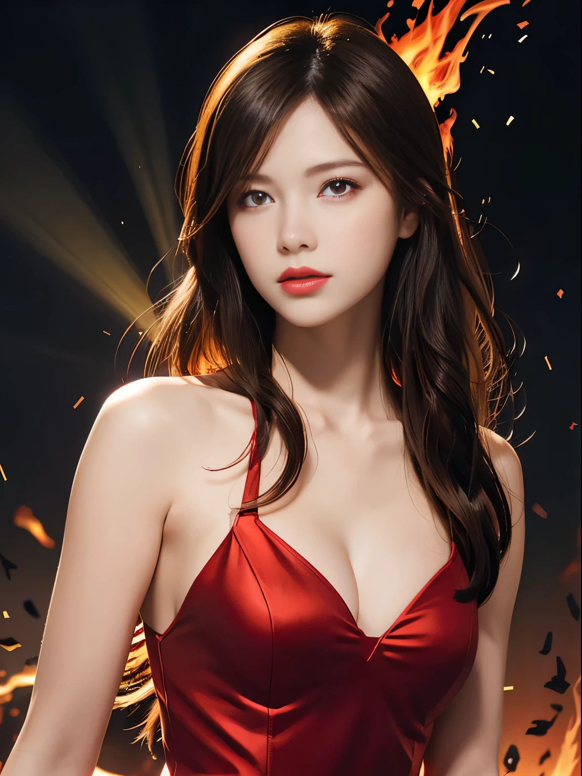 1girl,brunette color hair,red - eyed,Fire Witch,Blood,light particules,llight rays,Wallpapers,hight contrast,Dazzle,