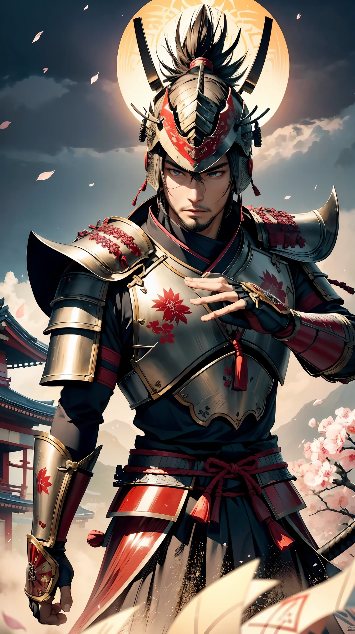 (8k, RAW photo, 最high quality, masterpiece:1.2), High-definition RAW color photo, professional photography, concept art, (((One young man))), Detailed samurai with passionate expression, detailed samurai armor, Detailed Japan sword, Beautifully detailed eyes and face, Elaborate and intricate armor design, bright red and gold colors, Japanese temple background, Lively Sakuragi, fierce battle pose, Emphasizes the intensity of the battle, powerful dramatic lighting, Traditional Japanese castle in the distance, Meticulous attention to detail in the armor, facial features, majestic samurai helmet, Foggy atmosphere, subtle fog effect, Soft cherry blossom petals floating in the air, The contrast between the samurai's stoic expression and the bright colors, Subtle traditional artwork influence in the background, Realistic texture of armor, Delicate cherry blossom petals fall gracefully, Traditional Japanese lanterns illuminating the scene, Subtle reflections on the surface of the armor, real samurai facial hair, Impressive level of detail on samurai armor and clothing, (((perfect fingers, five fingers, anatomically correct))), background bokeh, high quality, bright colors, Realistic light and shadow with attention to detail, Professional 3D artistry,