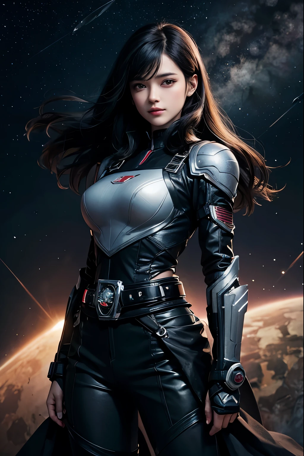 A beautiful woman. Mid twenties. Black hair. She wears a black metallic battle uniform. He wears something reminiscent of Kamen Rider's transformation belt around his waist. Image of outer space and Mars on female background.