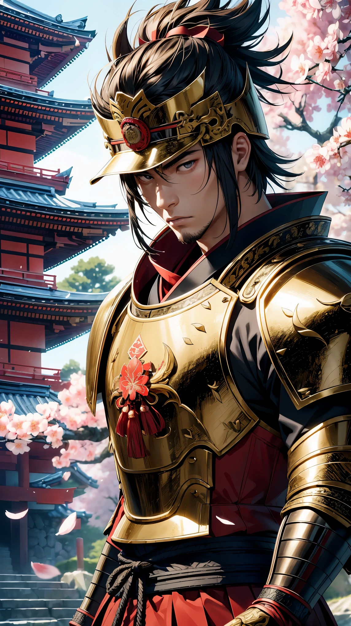 (8k, RAW photo, 最high quality, masterpiece:1.2), High-definition RAW color photo, professional photography, concept art, (((One young man))), Detailed samurai with passionate expression, detailed samurai armor, Detailed Japan sword, Beautifully detailed eyes and face, Elaborate and intricate armor design, bright red and gold colors, Japanese temple background, Lively Sakuragi, fierce battle pose, Emphasizes the intensity of the battle, powerful dramatic lighting, Traditional Japanese castle in the distance, Meticulous attention to detail in the armor, facial features, majestic samurai helmet, Soft cherry blossom petals floating in the air, The contrast between the samurai's stoic expression and the bright colors, Subtle traditional artwork influence in the background, Realistic texture of armor, Delicate cherry blossom petals fall gracefully, Traditional Japanese lanterns illuminating the scene, Subtle reflections on the surface of the armor, real samurai facial hair, Impressive level of detail on samurai armor and clothing, (((perfect fingers, five fingers, anatomically correct))), background bokeh, high quality, bright colors, Realistic light and shadow with attention to detail, Professional 3D artistry,
