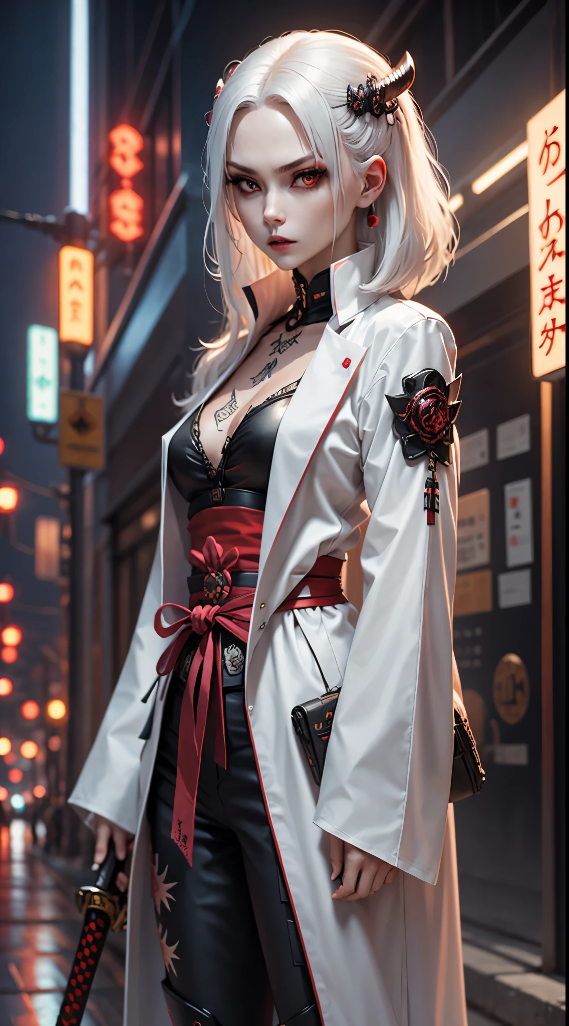 Photo of white-haired samurai wearing jacket standing in the middle of neon street , Her katana glows in the dark. masterpiece, female , cyberpunk characters , Have a tattoo, post-apocalyptic, Super detailed, Ready to fight, Serious expression, Super detailed的武士刀 , masterpiece ,