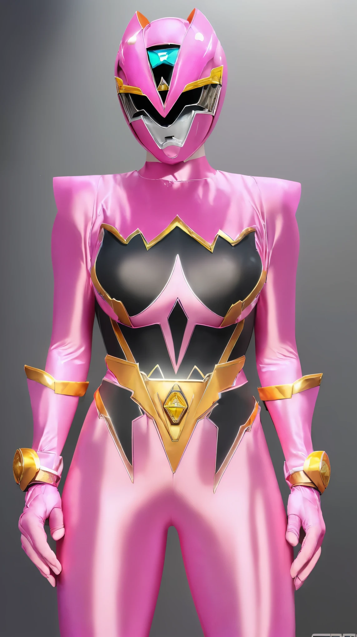 (8K、ultra high resolution、highest quality、masterpiece、realistic、ultra high resolution)、(((Must be female、Always shiny neon pink Power Rangers、Must have big breasts、Definitely quite big breasts、feminine body、tight buttocks)A full-face helmet that ensures that your face and hair are not exposed.、Definitely a shiny neon pink patent leather full body suit、big emblem on the chest:1.3))(very shiny helmet and suit)、(Must be a big site cosplay venue)