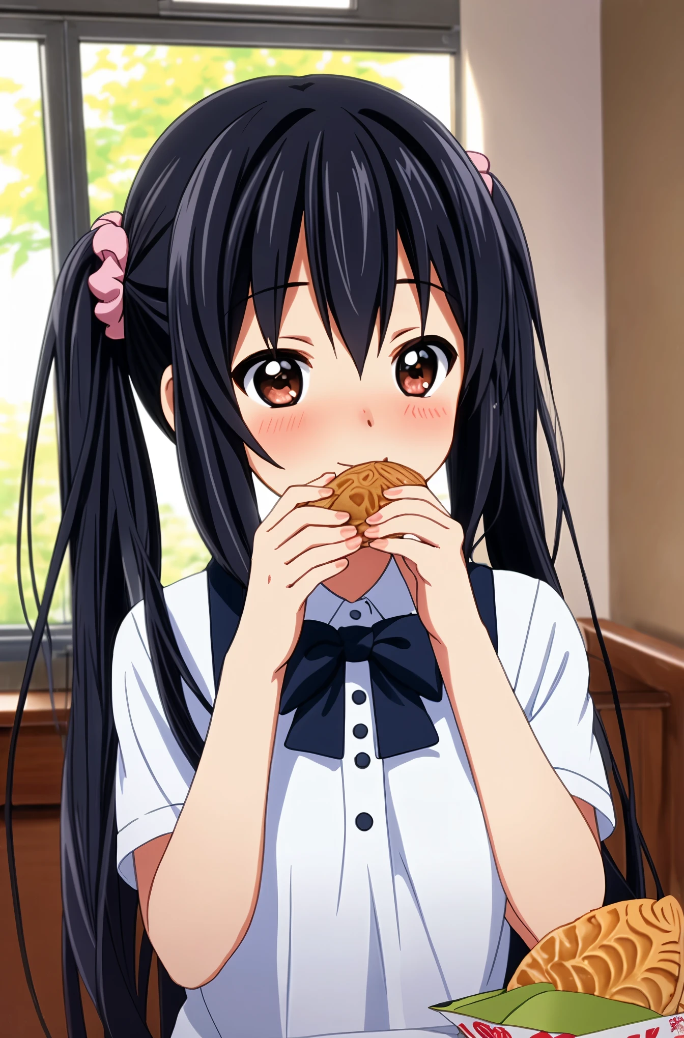 1 girl, (((masterpiece))), highest quality, highest quality, advanced details, nakano azusa, 1 girl, smile, Sakuragaoka High School Uniforms, school uniform, twin tails, hair length, black haired, brown eyes, alone, (blush:1.3), white dress, scrunchie in hair, complex and detailed, (Depth of written boundary), (masterpiece), (highest quality), (Super detailed), (enlightenment), (Take-out), small breasts, (Eat taiyaki:1.2), Hold a taiyaki in your mouth