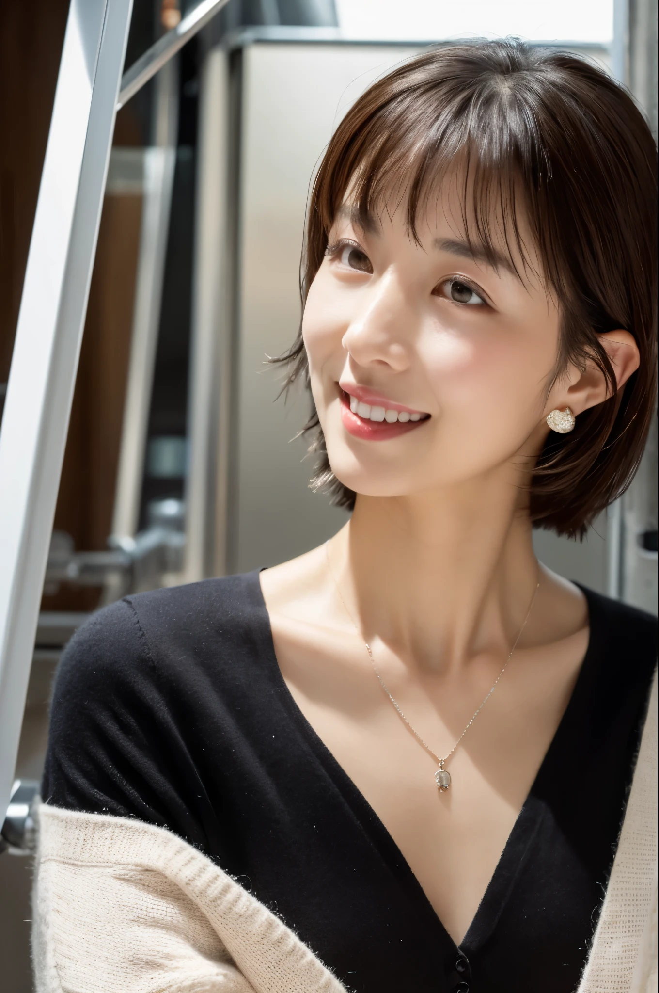 8K, top-quality, masterpiece, Super high resolution, a picture, Beautiful Japan female, elegance, Transparent atmosphere, sexy lips, oblique bangeautiful face, short-cut hair, Putting hair together, bangs, smile, chubby lips, natural soft light, 1girl in, Look into the distance, Duck mouth, Hanging eyes, Thin eyebrowrown-eyed, small busts, cleavage of the breasts, pure eros face,cowboy shot, a necklace, wrist watch, 24 years old, Wine red color, rot, V-neck knit T-shirt, cashmere, long-sleeve, High Stretch, Physically fit, Calm fashion, Tight, Futomo, escalators, Whip body, Black Scar