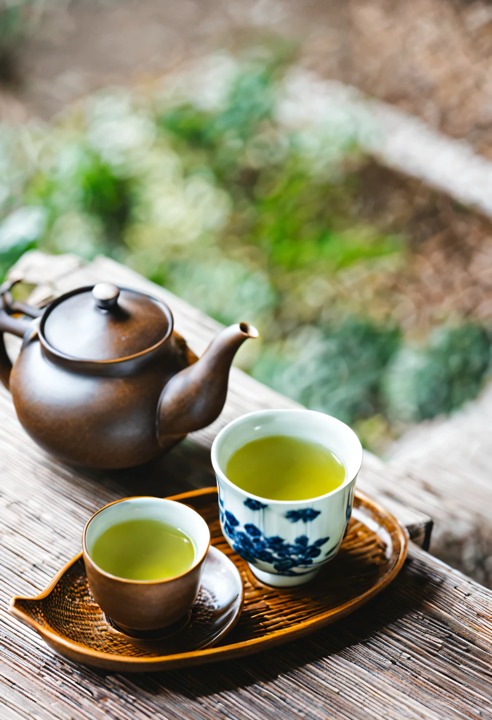 Japanese tea, brown teapot with old-fashioned handle,  Tea cup, wooden saucer,