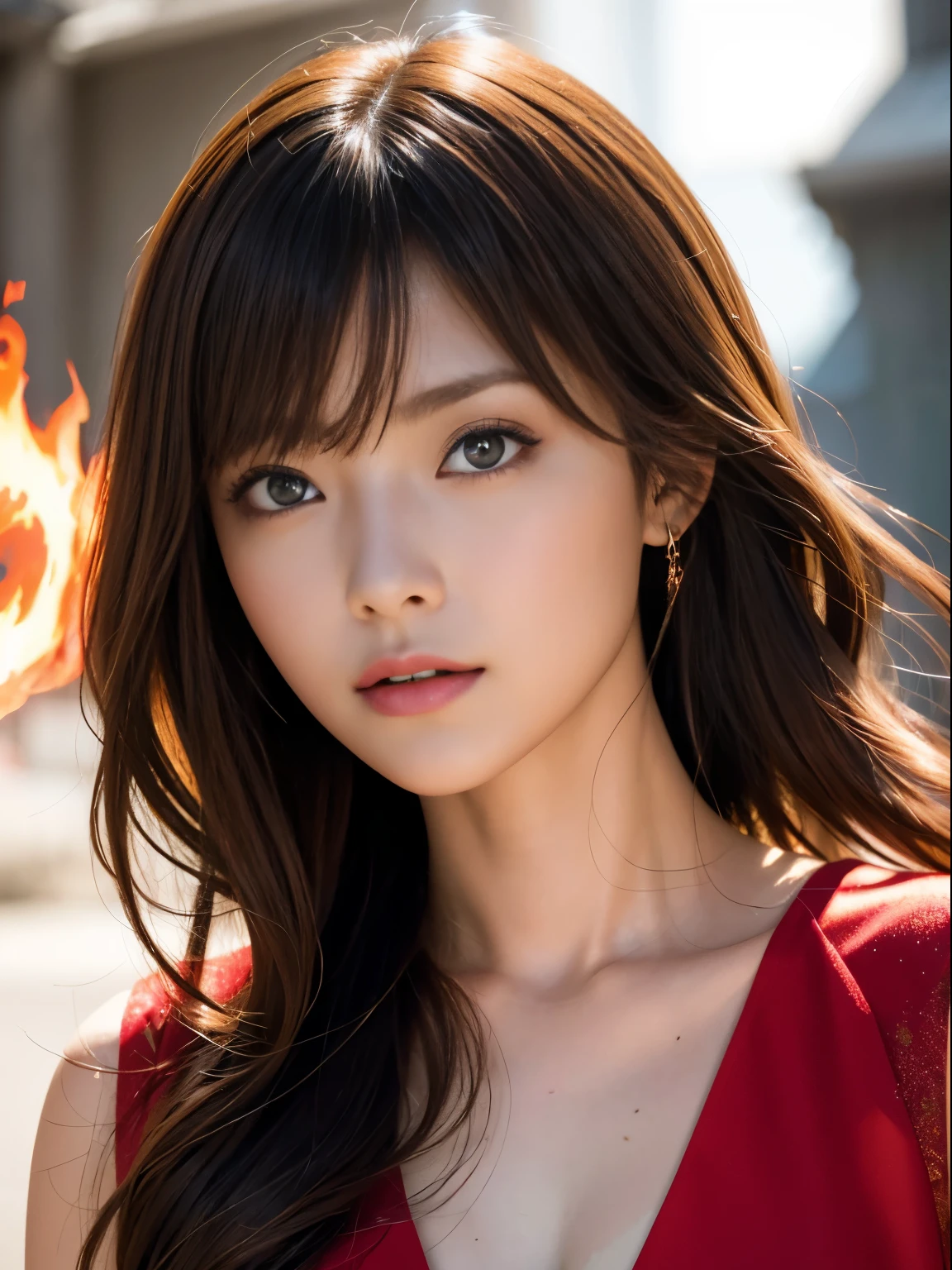 1girl,brunette color hair,red - eyed,Fire Witch,Blood,light particules,llight rays,Wallpapers,hight contrast,Dazzle,