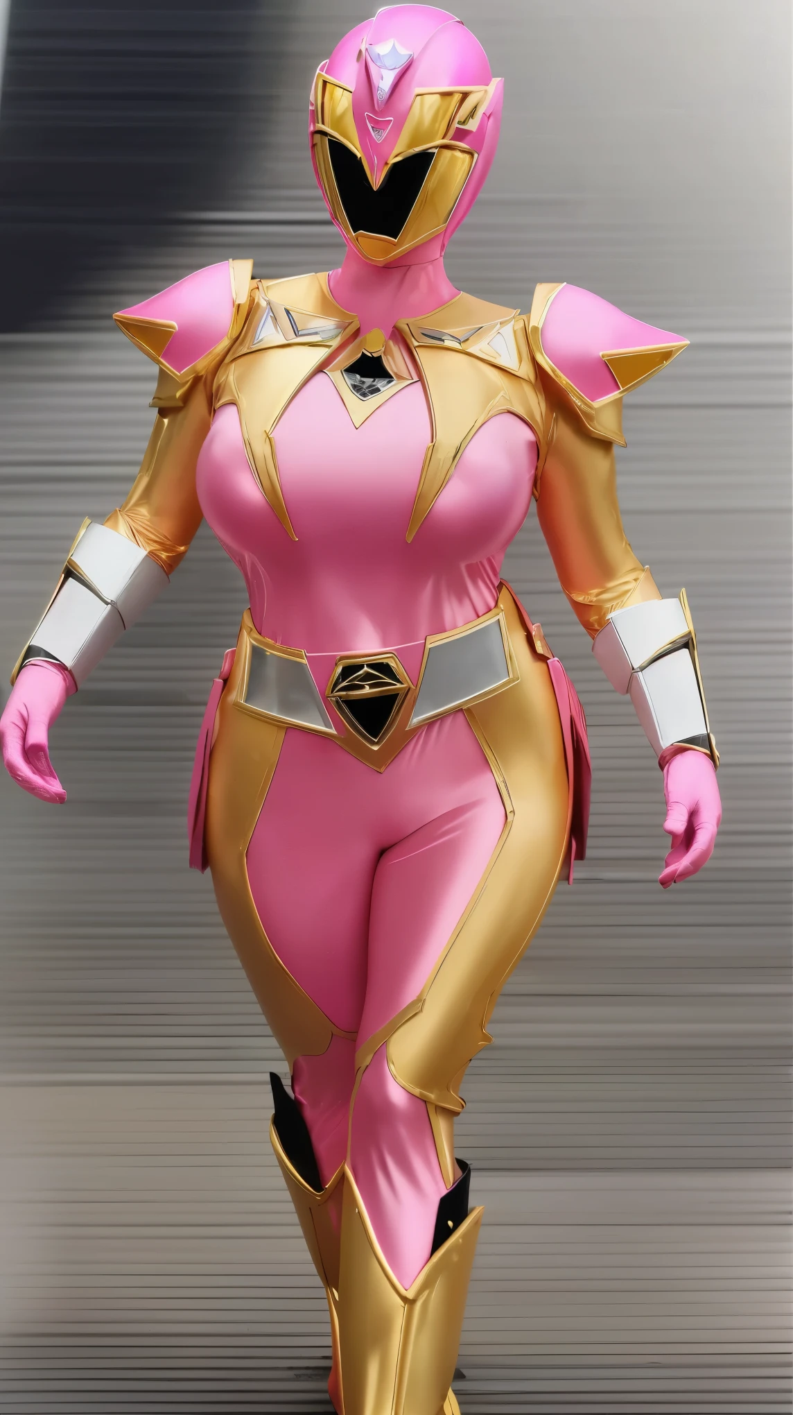 (8K、ultra high resolution、highest quality、masterpiece、realistic、ultra high resolution)、(((Must be female、Always shiny neon pink Power Rangers、Must have big breasts、Definitely quite big breasts、feminine body、tight buttocks)A full-face helmet that ensures that your face and hair are not exposed.、Definitely a shiny neon pink patent leather full body suit、big emblem on the chest:1.3))(very shiny helmet and suit and skirt)、(Must be a big site cosplay venue)