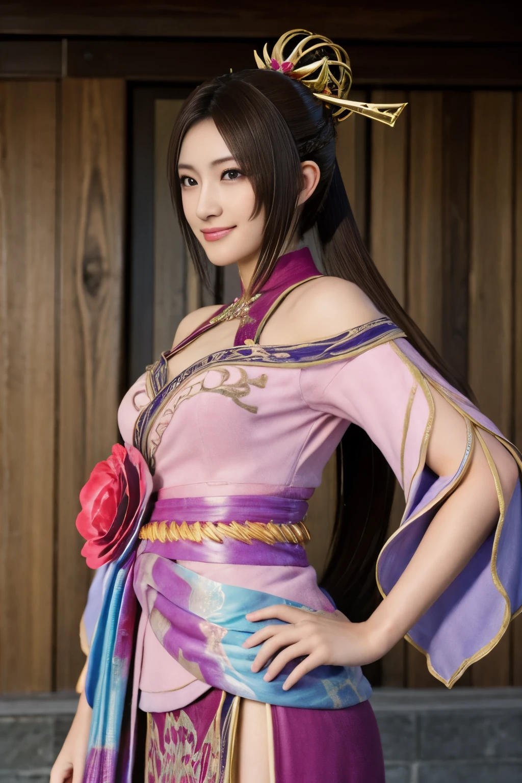 Diaochan from Sangoku Musou 8,hair ornaments,perfect costume,twin tails、masterpiece、1 cute girl、 high school stud eyes、puffy eyes、bright outdoors,Bright downtown、highest quality, 超High resolution, (reality: 1.4), movie lighting、Japanese、asian beauty、Korean、super beautiful、beautiful skin、body facing forward、whole body,Upper body、(超reality的な)、(High resolution)、(8k)、(very detailed)、(美しくfine eyes)、(Super detailed)、 (wall-)、detailed face、bright lighting、professional lighting、looking at the viewer、look straight ahead、slanted bangs、brown hair、Nogizaka Idol、