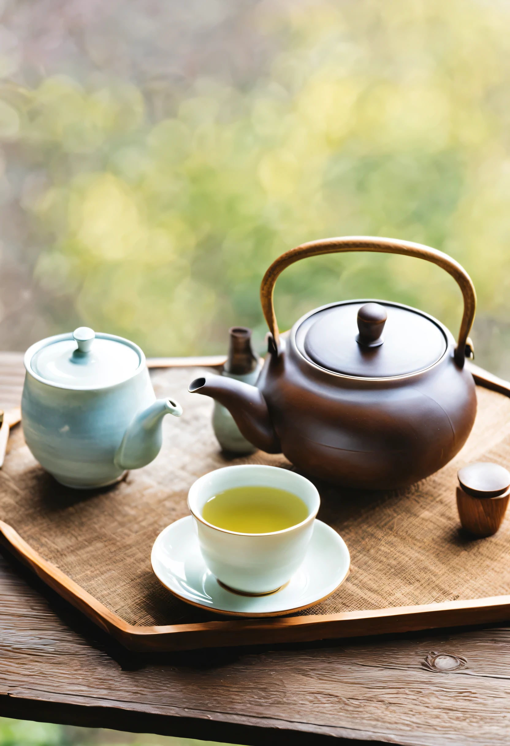 Japanese tea, brown teapot with old-fashioned handle, Tea cup, wooden saucer,