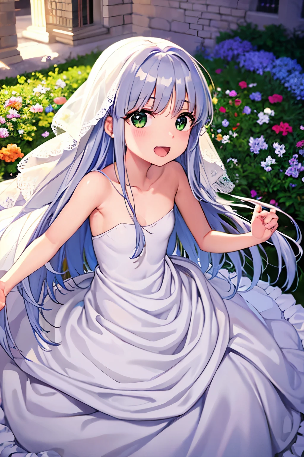 Cabello largo plateado, ojos verdes, wedding dress, white clothes, flat breast, sonrisa, happy, abdomen lindo, underwear, muslos hermosos, garden, deshabitado