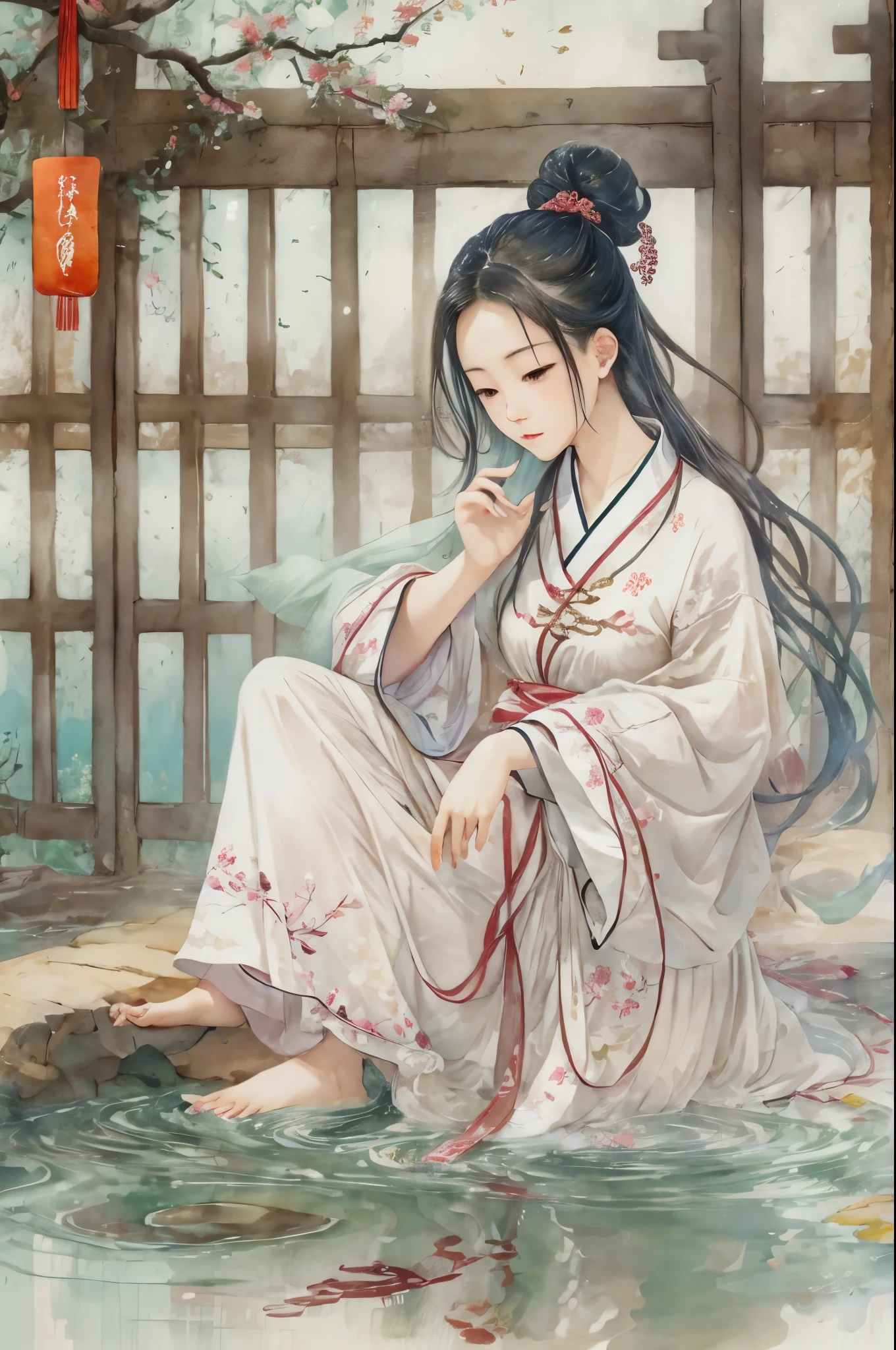 Chinese ancient style,ancient paintings,White background,Girl sitting at the water's edge,wearing pajamas