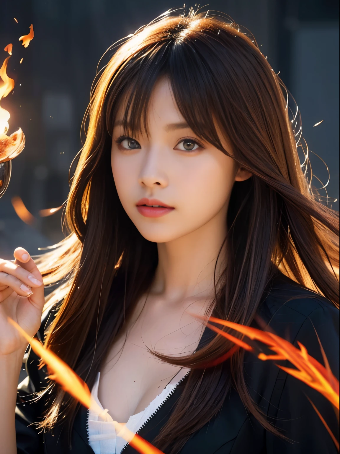 1girl,brunette color hair,red - eyed,Fire Witch,Blood,light particules,llight rays,Wallpapers,hight contrast,Dazzle,