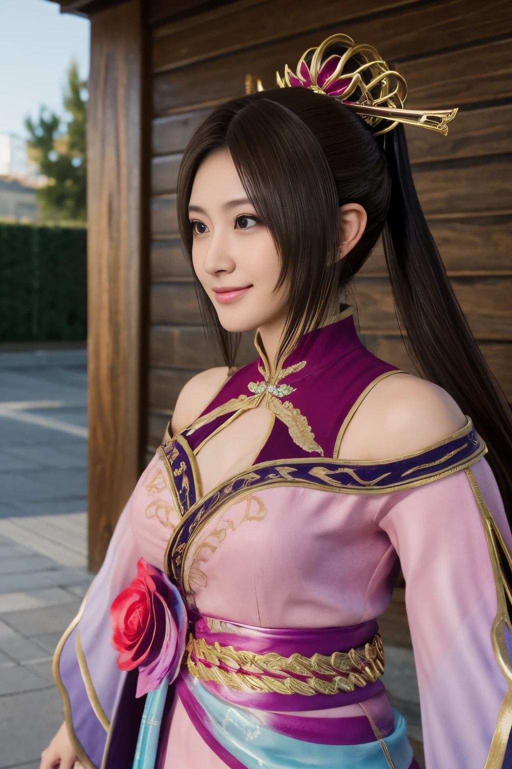 Diaochan from Sangoku Musou 8,hair ornaments,perfect costume,twin tails、masterpiece、1 cute girl、 high school stud eyes、puffy eyes、bright outdoors,Bright downtown、highest quality, 超High resolution, (reality: 1.4), movie lighting、Japanese、asian beauty、Korean、super beautiful、beautiful skin、body facing forward、whole body,Upper body、(超reality的な)、(High resolution)、(8k)、(very detailed)、(美しくfine eyes)、(Super detailed)、 (wall-)、detailed face、bright lighting、professional lighting、looking at the viewer、look straight ahead、slanted bangs、brown hair、Nogizaka Idol、