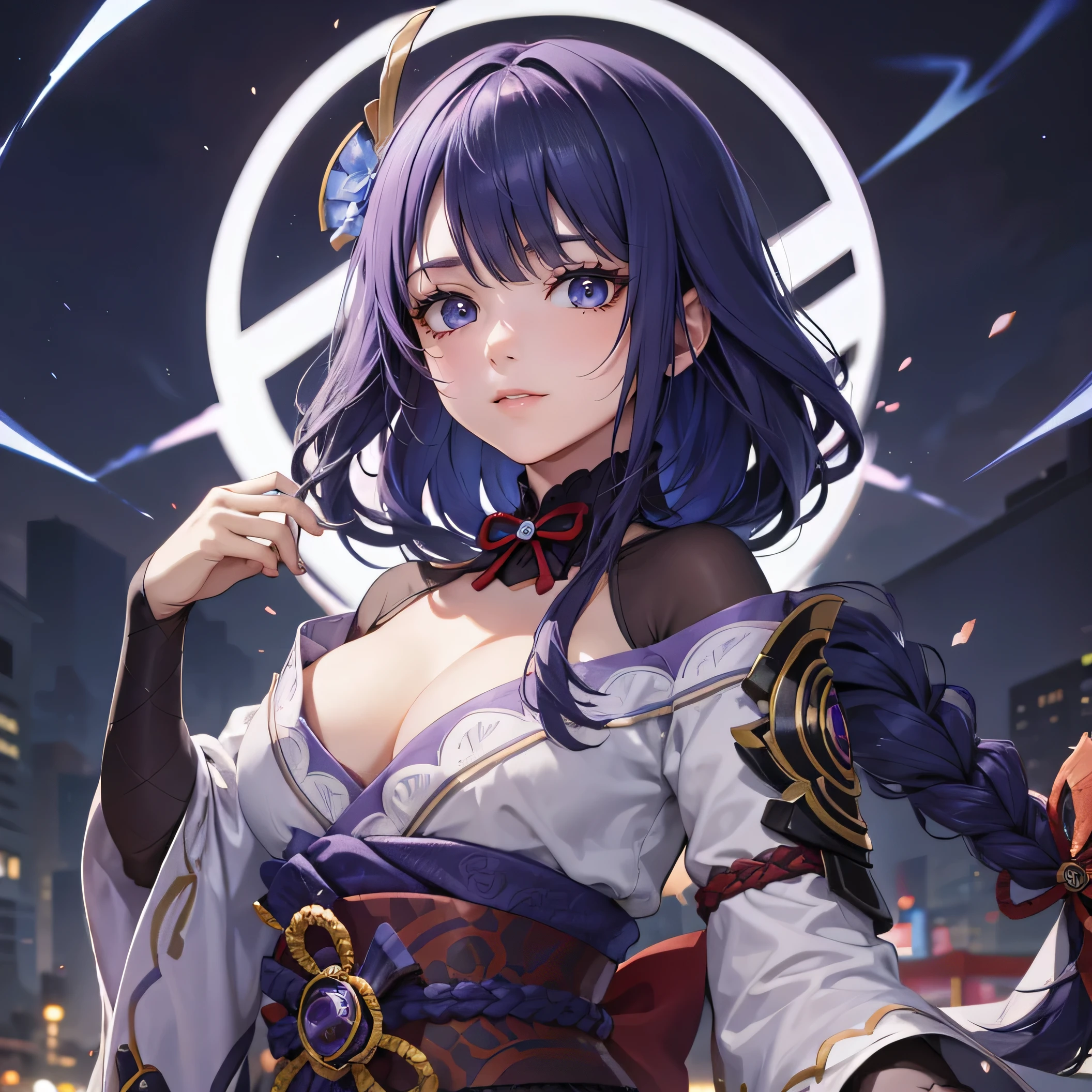 Best quality,A high resolution),Anime style, Raiden Shogun from Genshin, look,anime style,lilac eyes anime,long braided purple hair,Menacing look,electricity lightning background ,stylish,sharp focus,Bright colors,black long gloves on hands, long braid of hair , a lot of lightning from the sword,