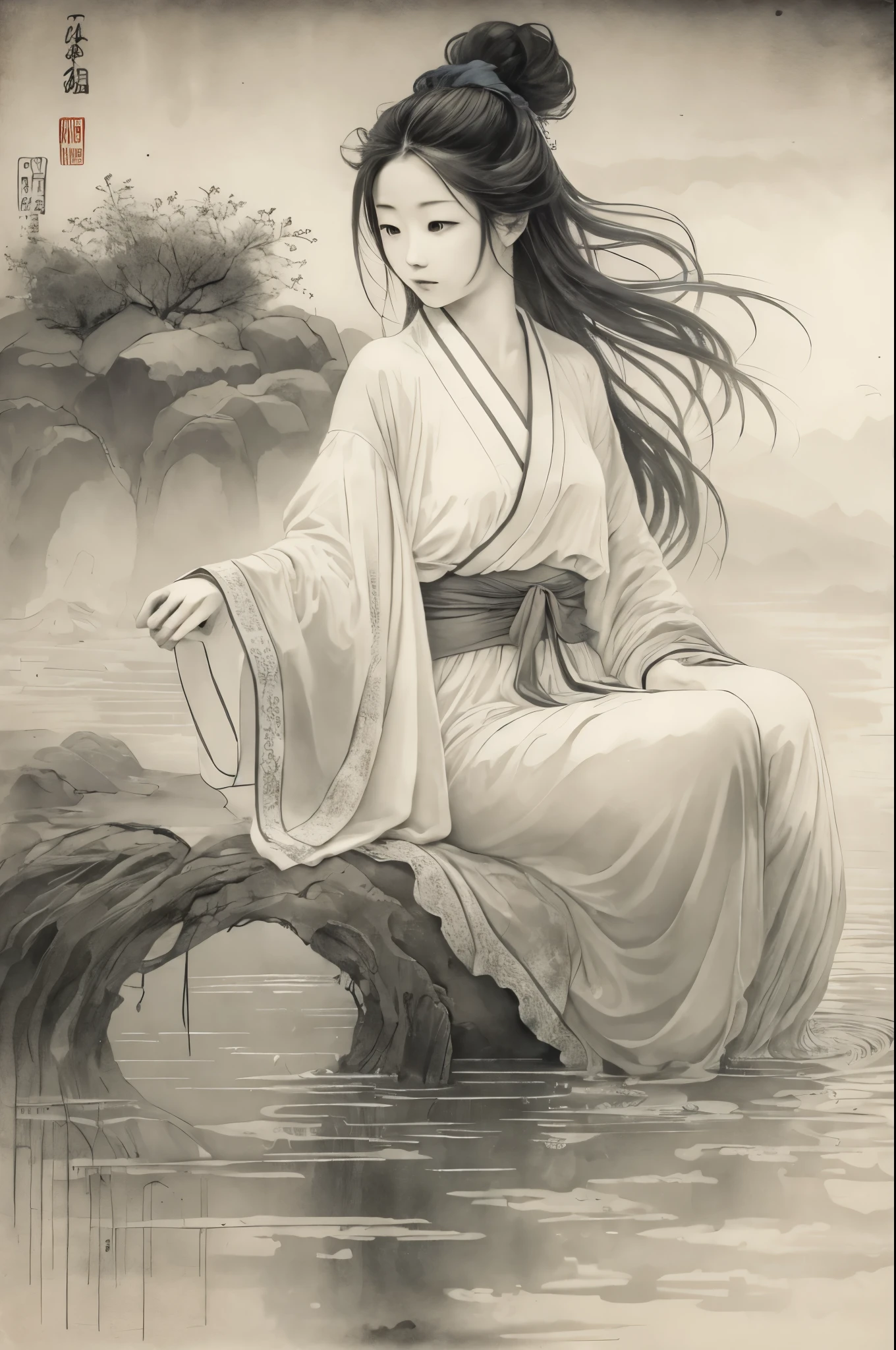 Chinese ancient style，ancient paintings，black and white painting，Girl sitting at the water's edge，wearing pajamas