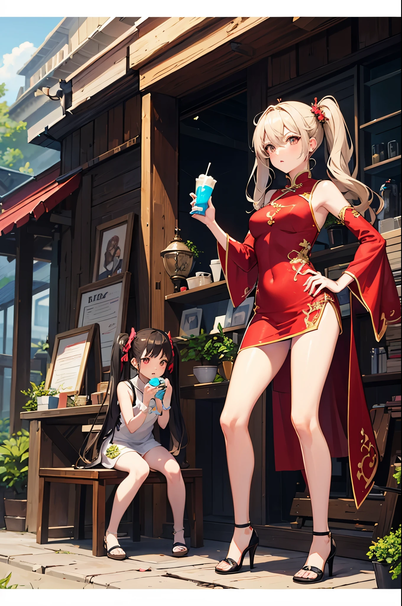 Imitation art of league of legend, white dresses, twin pig tail, chinese dresses, high heels, panty hose, masterpieces, hyper art
