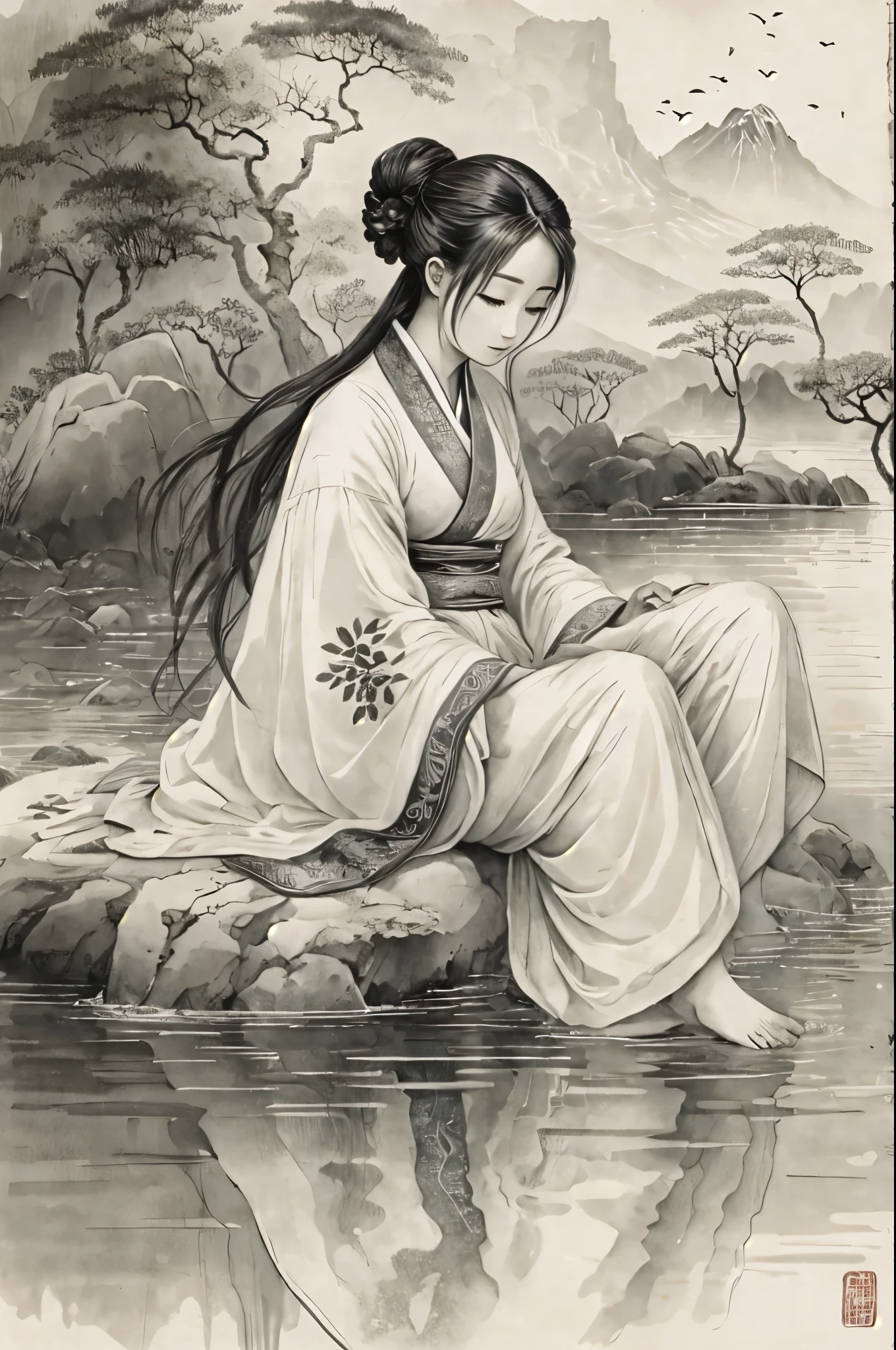 Chinese ancient style,ancient paintings,black and white painting,Girl sitting at the water's edge,wearing pajamas