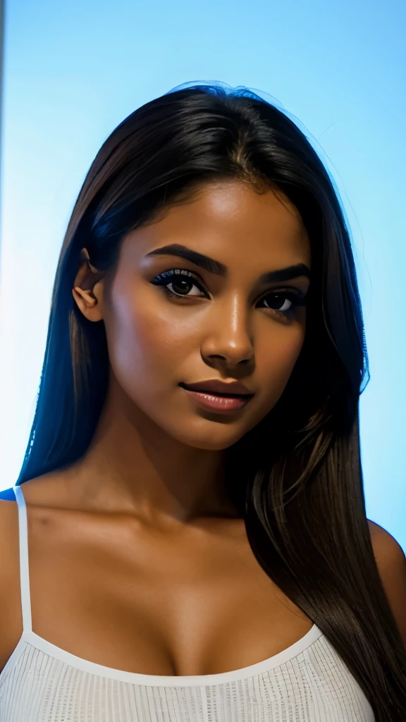 hermosa mujer  negra con hermoso cuerpo delgado sexy y tetas muy grandes, ojos de color Azules grandes, un rostro Hermoso y rasgos finos, small, refined nose with long straight hair, super sexy, hermosa mirada sensual con vestimenta moderna con un top blanco sin mangas con los hombros descubiertos, in a room with ultra realistic neon lights in high definition.
