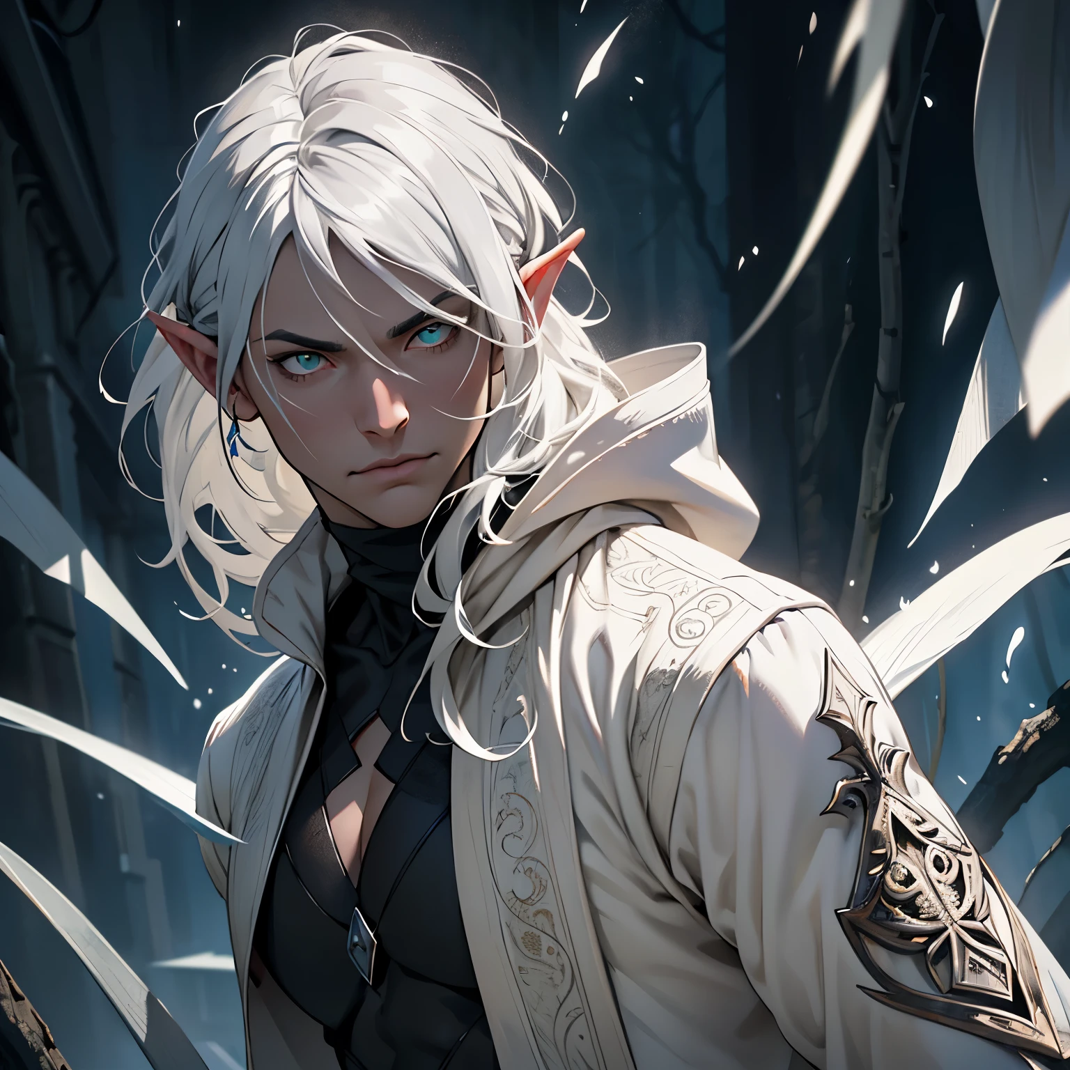 ((young man)), ((picture-perfect)), ((face perfect)), ((ultra detaild)), ((fully body)), ((perfectbody)), a white-haired elf wearing a black cloak casting magic in a night forest