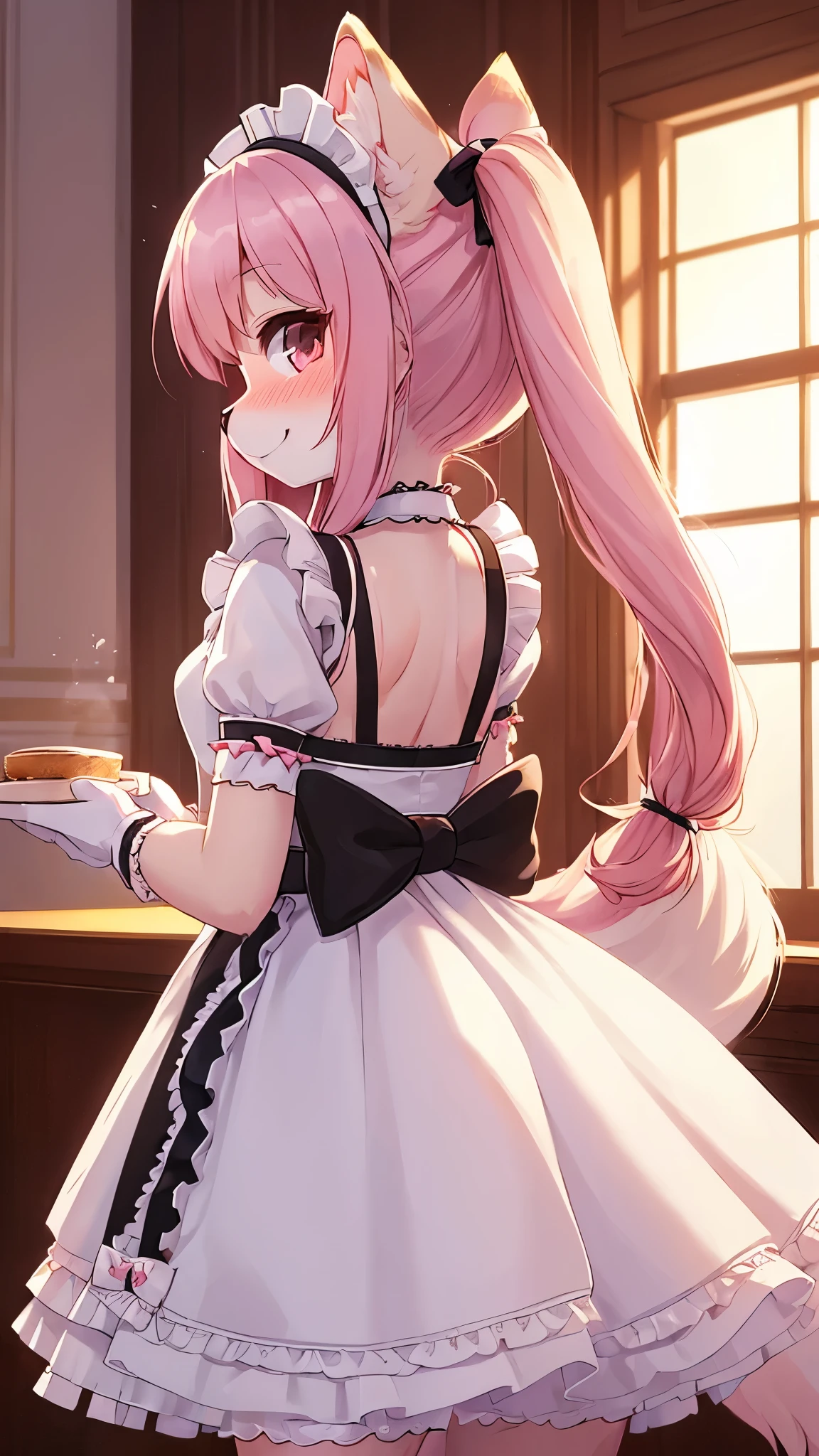 (fluffy anthro furry: 1.6),(young: 1.6),cat girl,mini girl,pink long hair,ponytail,ribbon with ponytails,white fur,beautiful cafe,clear window,maid headdress,maid outfit,black maid glove,maid stocking,red bowtie,seductive face,smile,looking at viewer,blush,back view