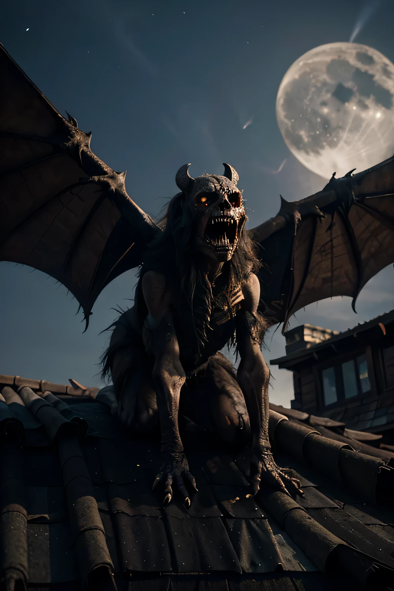 A demonic presence hovers menacingly on the roof of a house of horrors, suas asas lembram as de um morcego zumbi, every vein and tendon visible in great detail. Com seu osso, decadent features illuminated by moonlight, It's yellow, olhos brilhantes perfuram a noite, enviando calafrios pela coluna. The cinematic quality of the image, renderizado em super realismo 8k, leaves no detail untouched – every grotesque wrinkle, cada dente torcido, every muscular wing muscle can be seen with stunning clarity. As telhas abaixo parecem desgastadas e desgastadas, increasing the overall feeling of dread and decay, fazendo