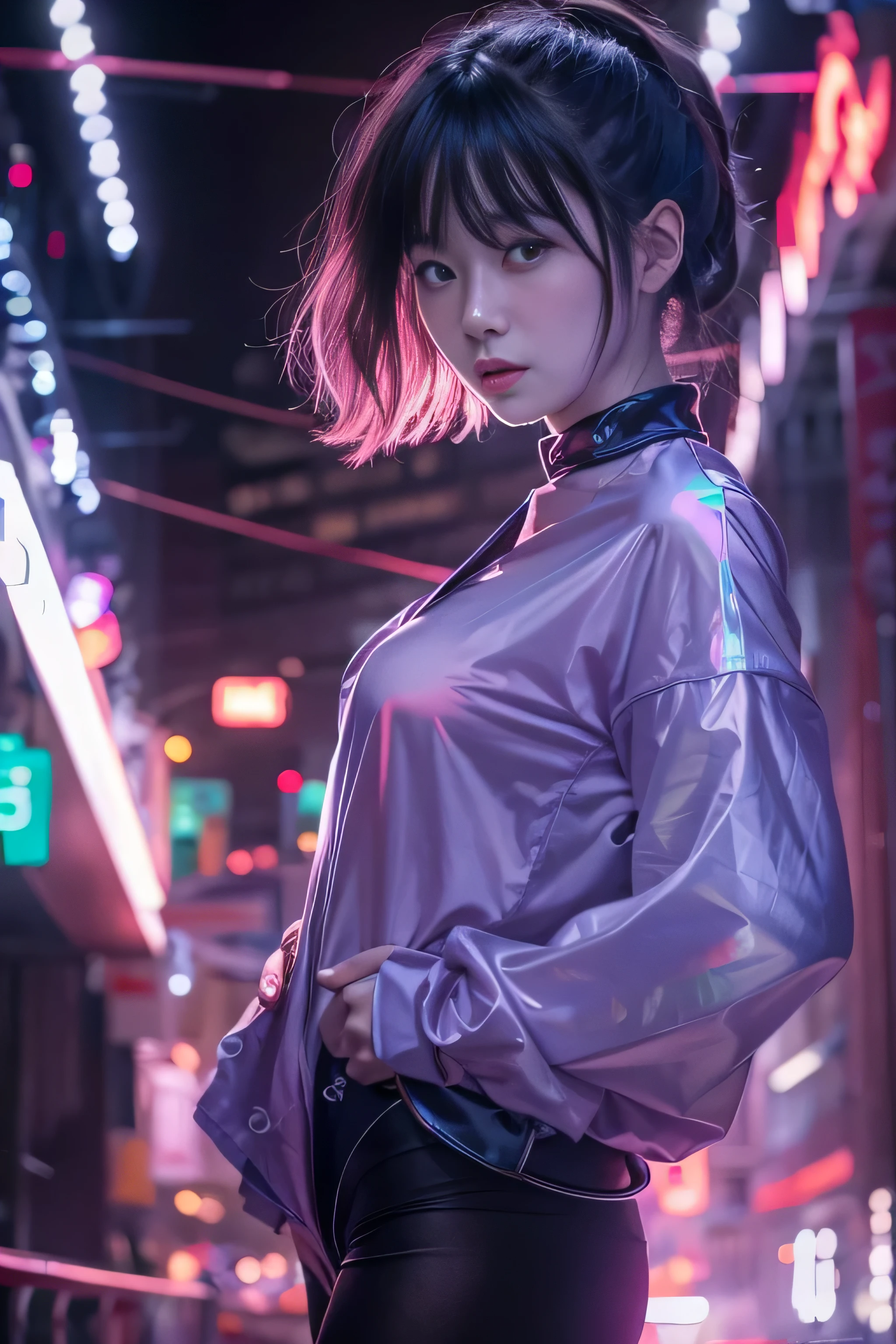 RAW image quality, 1 girl, Japanese, , table top, Dystopian city with neon signs and holograms projected on buildings and sky, slim beautiful woman, Surrounded by neon-lit reflections of the cityscape, written boundary depth, Beautiful woman with slim figure, perfect style, (Beautiful curvaceous female body shape:1.4), Woman's body illuminated by strong neon lighting, high contrast, Shining hologram female body, (walk towards the camera), (Look into the viewer's eyes), lipstick, Straight very short hair, night, cyberpunk aesthetics, highly detailed lighting, dramatic, In 8K, high detail, skin texture, リアルなskin texture, highest quality, High resolution, Photoreal