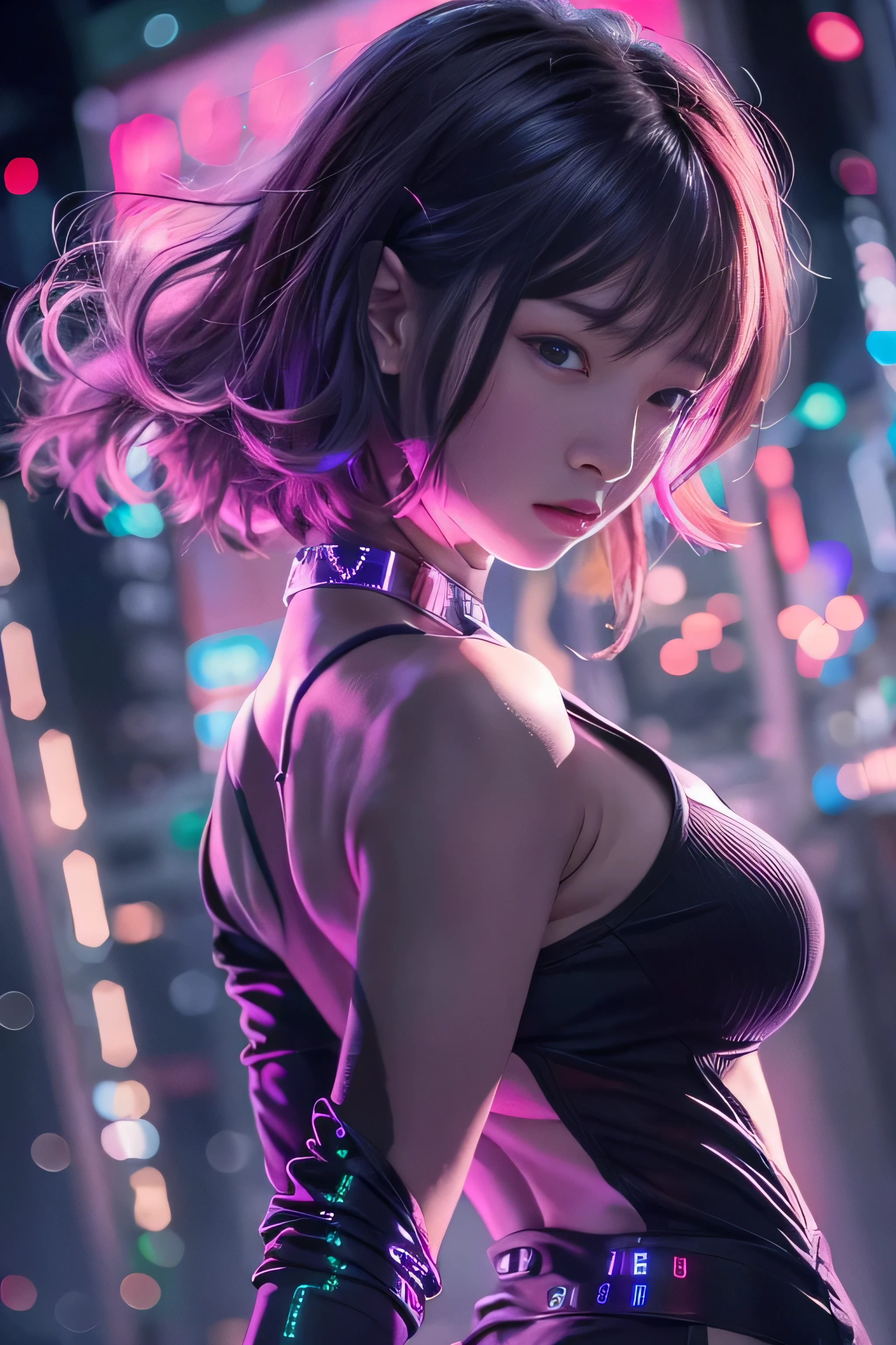 RAW image quality, 1 girl, Japanese, , table top, Dystopian city with neon signs and holograms projected on buildings and sky, slim beautiful woman, Surrounded by neon-lit reflections of the cityscape, written boundary depth, Beautiful woman with slim figure, perfect style, (Beautiful curvaceous female body shape:1.4), Woman&#39;s body illuminated by strong neon lighting, high contrast, Shining hologram female body, (walk towards the camera), (Look into the viewer&#39;s eyes), lipstick, Straight very short hair, night, cyberpunk aesthetics, highly detailed lighting, dramatic, In 8K, high detail, skin texture, リアルなskin texture, highest quality, High resolution, Photoreal