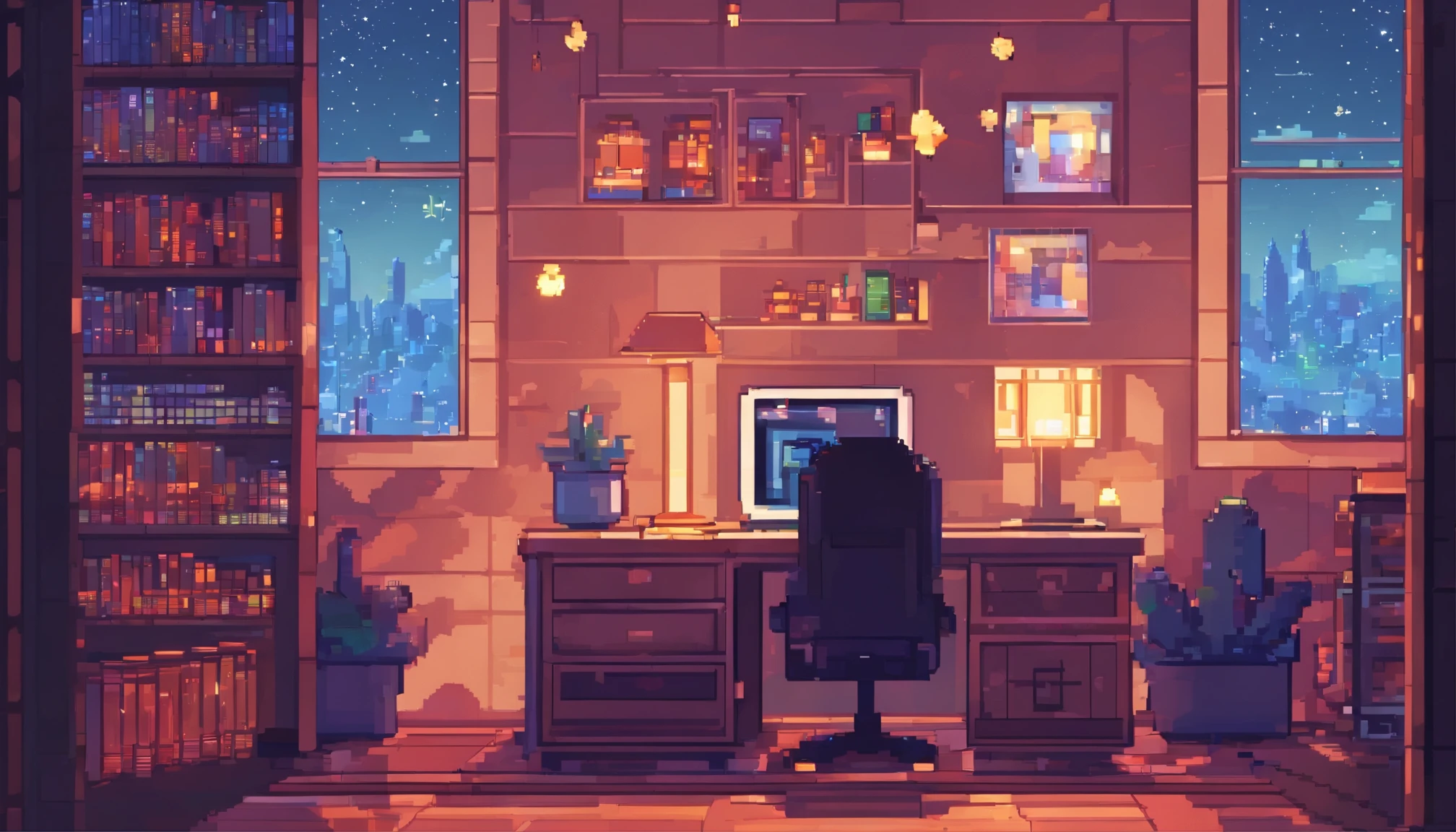 Beautiful girl with a computer book pinned to her ear cushions in her room in the city. The stars outside the window at night are surreal.,8k,超詳細HD,Pixar style,HD,16:9