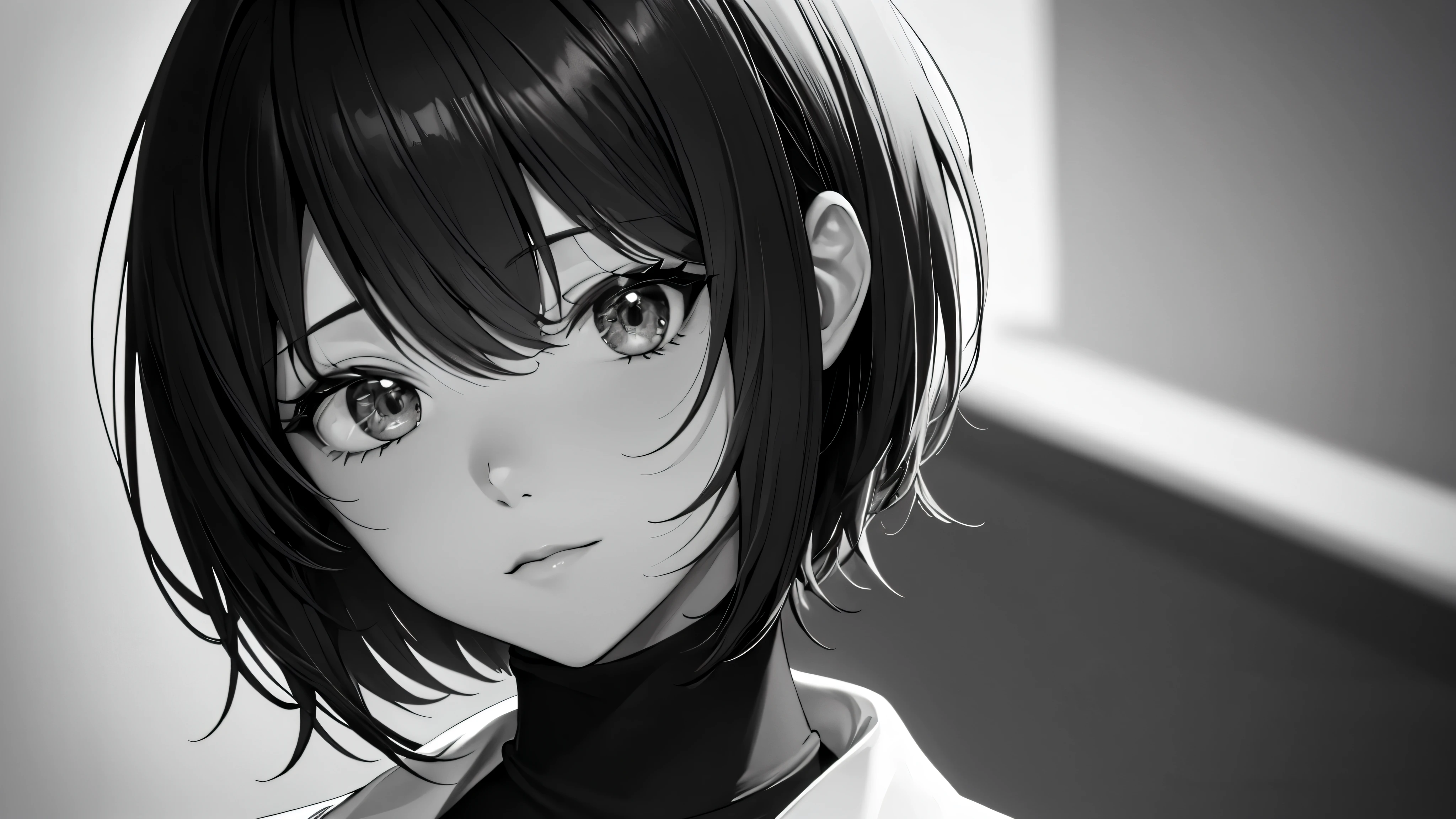 (high resolution, best quality:1.2), face focus, monochrome, digital art, large breasts, perfect hair, perfect face, Suzune, short hair, white jacket, black shirt,
