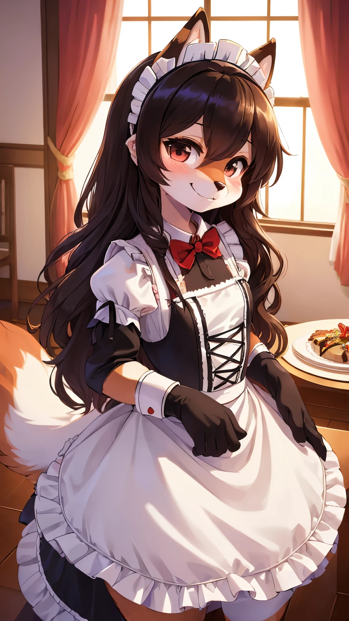 (fluffy anthro furry: 1.6),(young: 1.6),fox girl,mini girl,dark brown long hair,wavy hair,beautiful dining room,clear window,maid headdress,maid outfit,black maid glove,maid stocking,red bowtie,seductive face,smile,looking at viewer,blush,cleaning table