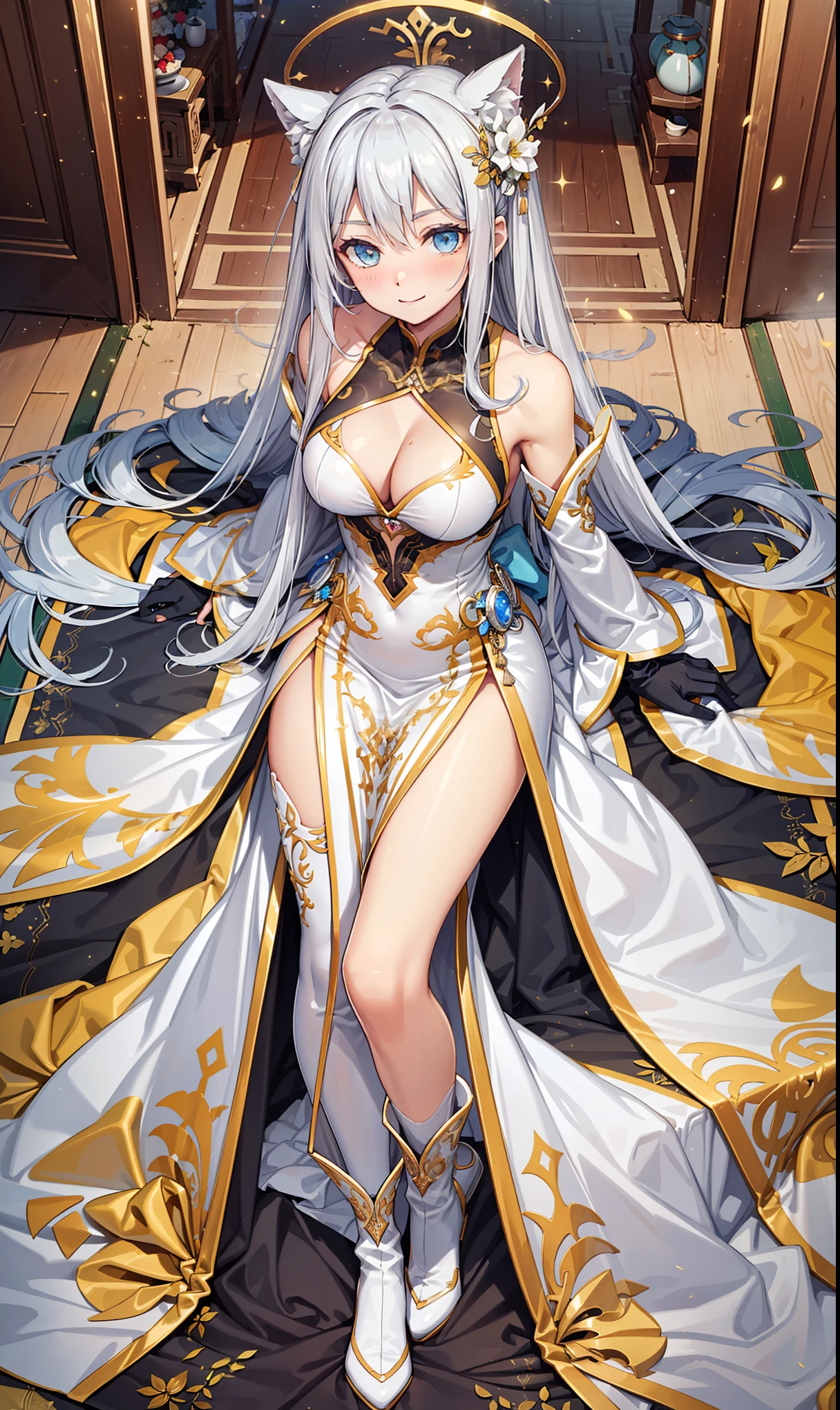 saints,Elegant and charming,Smile,in love,(Transparent colorful Hanfu,Sophisticated and gorgeous design),black gloves,silver hair,blue eyes,see through transparent clothes,Exquisite hair accessories,Transparent lace,Engraving pattern,dress nicely,The background is an old Chinese palace,Inside the hall,elegant posture,night,Carved suspender boots,Super super details,Divine magic,light particles,Exquisite and beautiful face and eyes