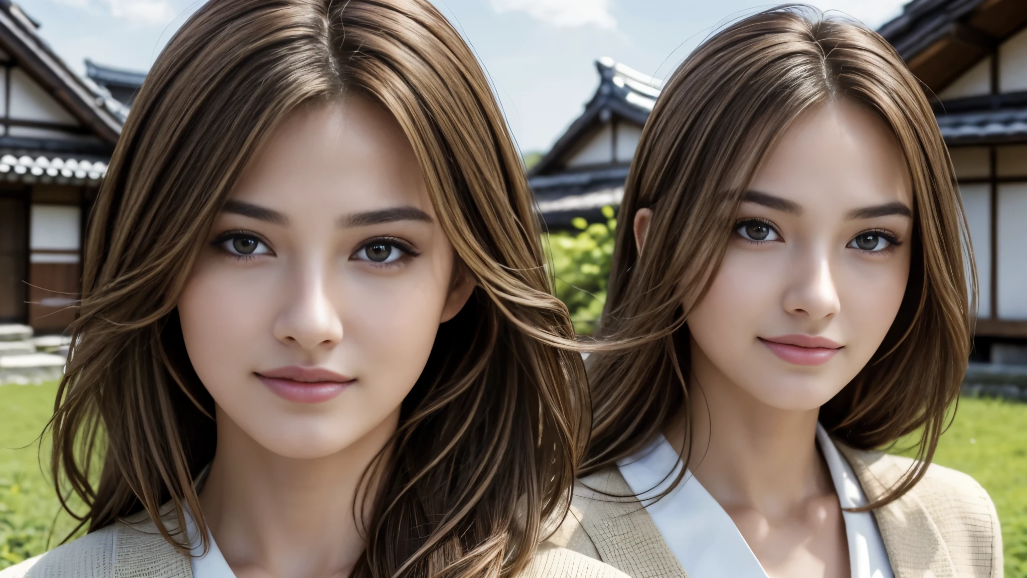 masterpiece, Best Quality, Photorealistic, Ultra-detailed, finely detailed, High resolution, 8K Wallpaper, 1 beautiful woman, light brown hair, sharp focus, Perfect dynamic composition, Beautiful detailed eyes, detailed hairs, Detailed realistic skin texture, Smiling, portrait, Model body type, Take a walk in the small village of Japan,