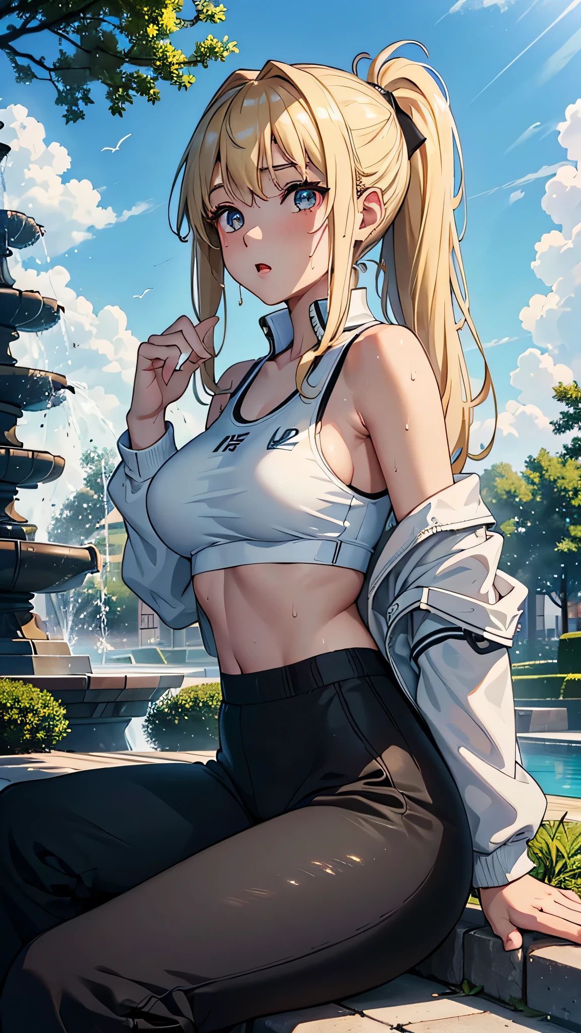最high quality、best image quality、masterpiece、age girl((20-year-old、 By becoming、vest bust、medium bust,wide open breast tea、shining eyes, blonde hair、long hair、thin,highest valley、ponytail、white sports pants、white sports bra、sweating、scattering of sweat、Flushed body、black jacket、sit、gameplay)),high quality、beautiful art、background((fountain park、fountain square、bright sky))debris flies、Depth of written boundary、movie、visual art、perfect art、8k,genuine、