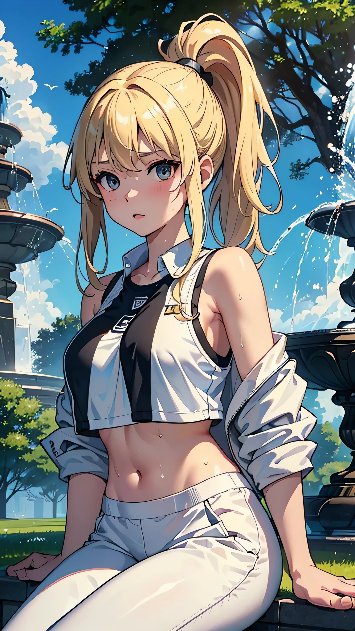 最high quality、best image quality、masterpiece、teenage girl((20-year-old、 By becoming、vest bust、medium bust,wide open breast tea、shining eyes, blonde hair、long hair、thin,highest valley、ponytail、white sports pants、white sports bra、sweating、scattering of sweat、Flushed body、black jacket、sit、gameplay)),high quality、beautiful art、background((fountain park、fountain square、bright sky))debris flies、Depth of written boundary、movie、visual art、perfect art、8k,genuine、
