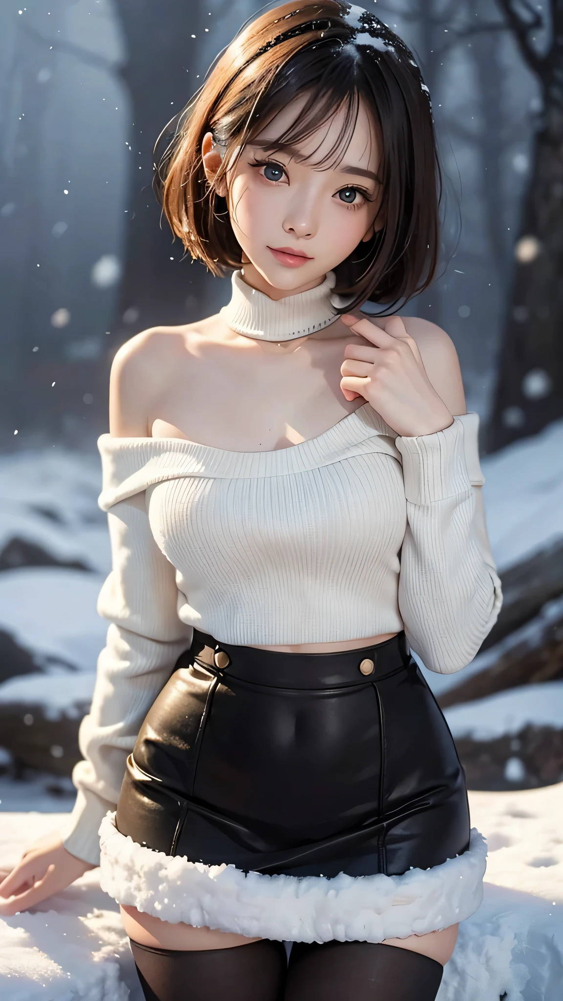 (RAW shooting:1.2)、(Photorealsitic:1.4)、(masterpiece:1.3)、(top-quality:1.4)、(Beautiful woman with perfect body:1.4)、Japan Young Women、(kawaii:1.2)、(FULL BODYSHOT)、(middlebreast:1.3)、beauty breast、(Slender and beautiful girl)、(Sexy model pose with chest sticking out:1.3)、dream-like、Happy smiling face、(beautifully detailed eyes)、(charming big eyes)、(beautiful double eyelid)、(beautiful and detailed face)、(Short Bob:1.3)、cute little、oblique bangs、Look at viewers、(loose white wool sweater、off shoulders、Tight mini skirt、Black thick pantyhose、Snow boots:1.3)、(beautiful thigh)、(snow mountains、snowscape:1.3)、Snow flickers、bokeh dof、